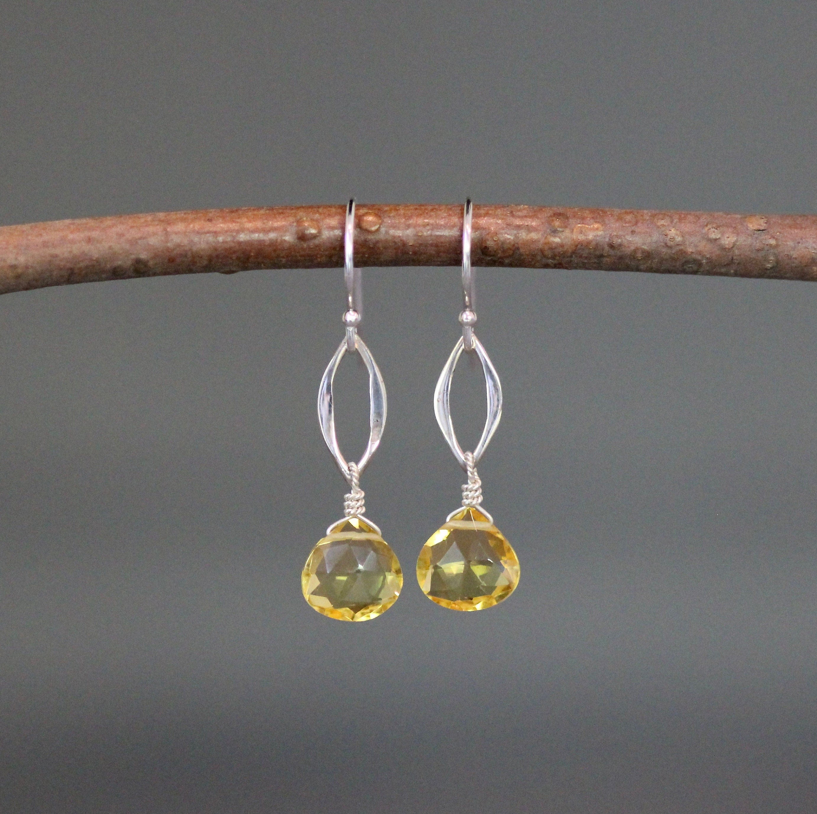 Citrine Quartz Teardrop and Sterling Silver Marquise Link Dangle Earrings