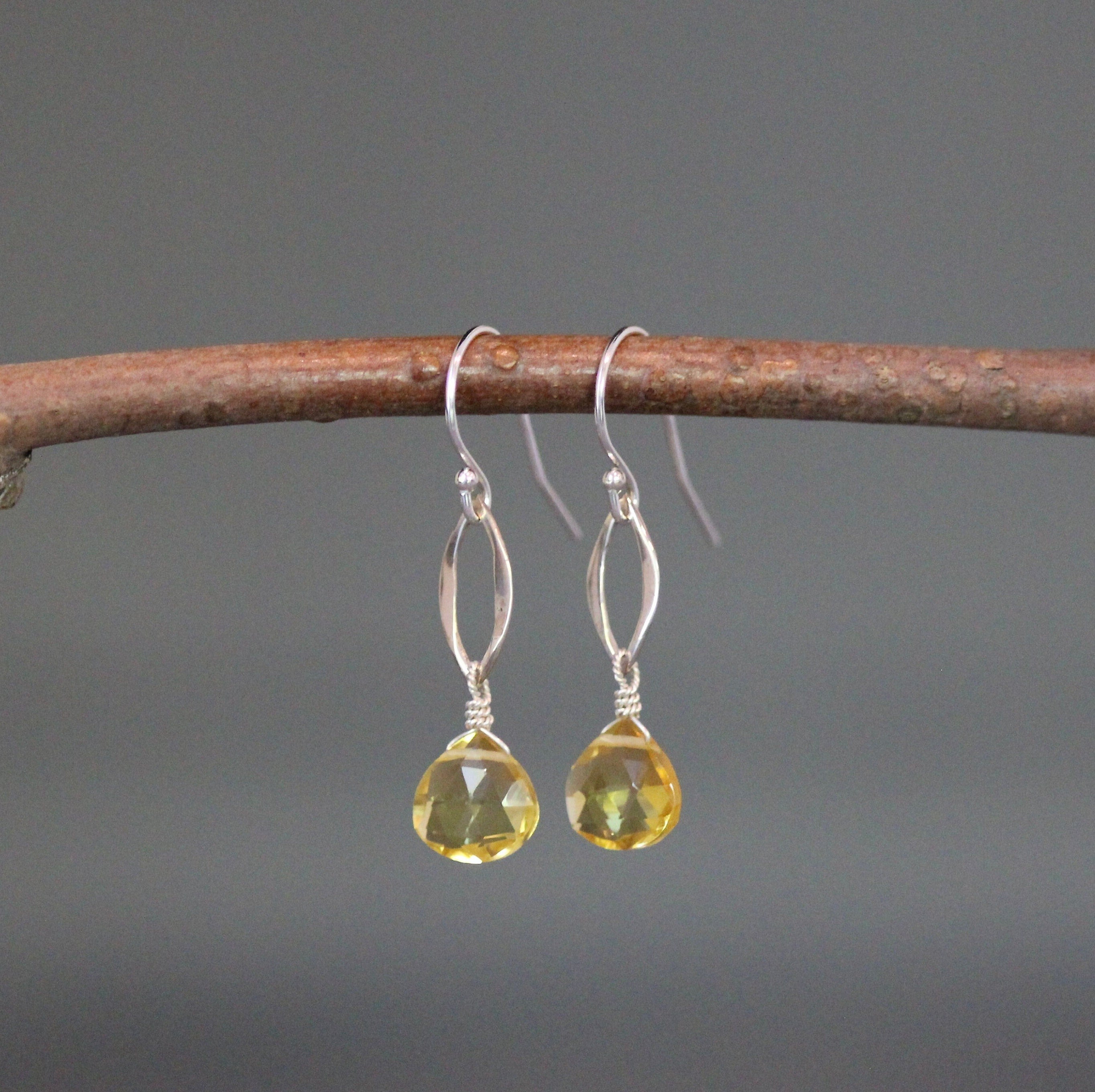 Citrine Quartz Teardrop and Sterling Silver Marquise Link Dangle Earrings