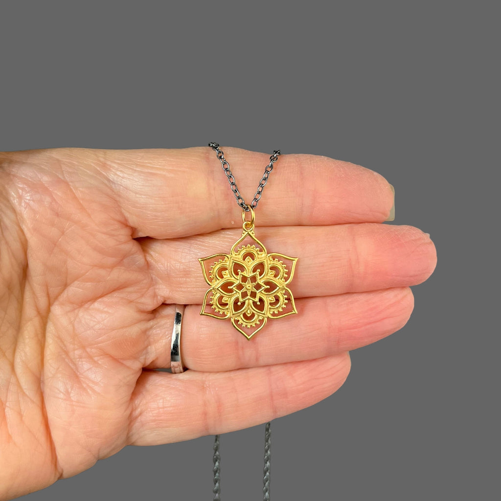 Matte Gold Vermeil Mandala Flower Pendant Necklace on a Blackened Silver Chain