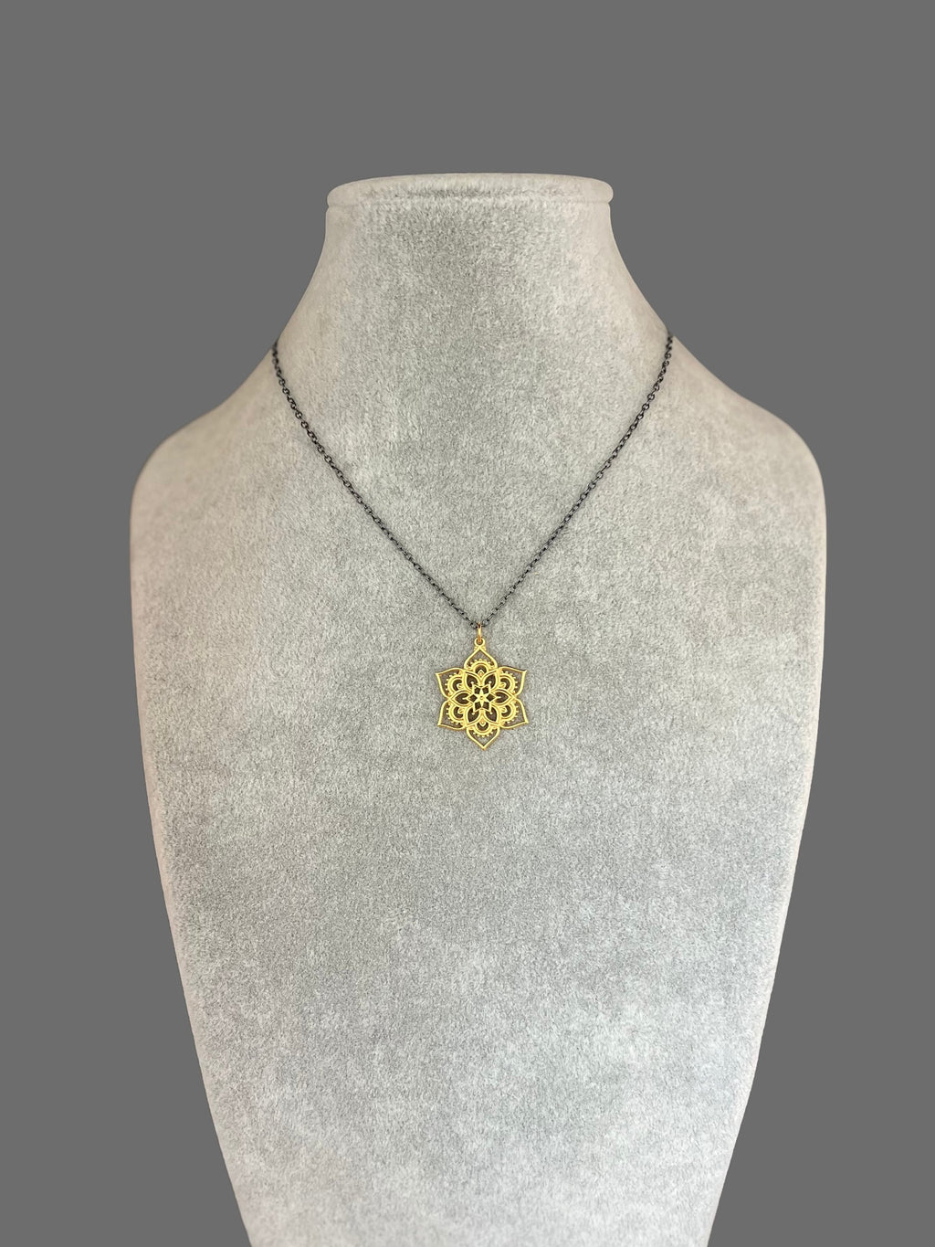 Matte Gold Vermeil Mandala Flower Pendant Necklace on a Blackened Silver Chain