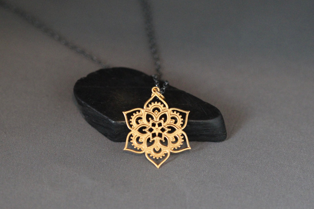 Matte Gold Vermeil Mandala Flower Pendant Necklace on a Blackened Silver Chain