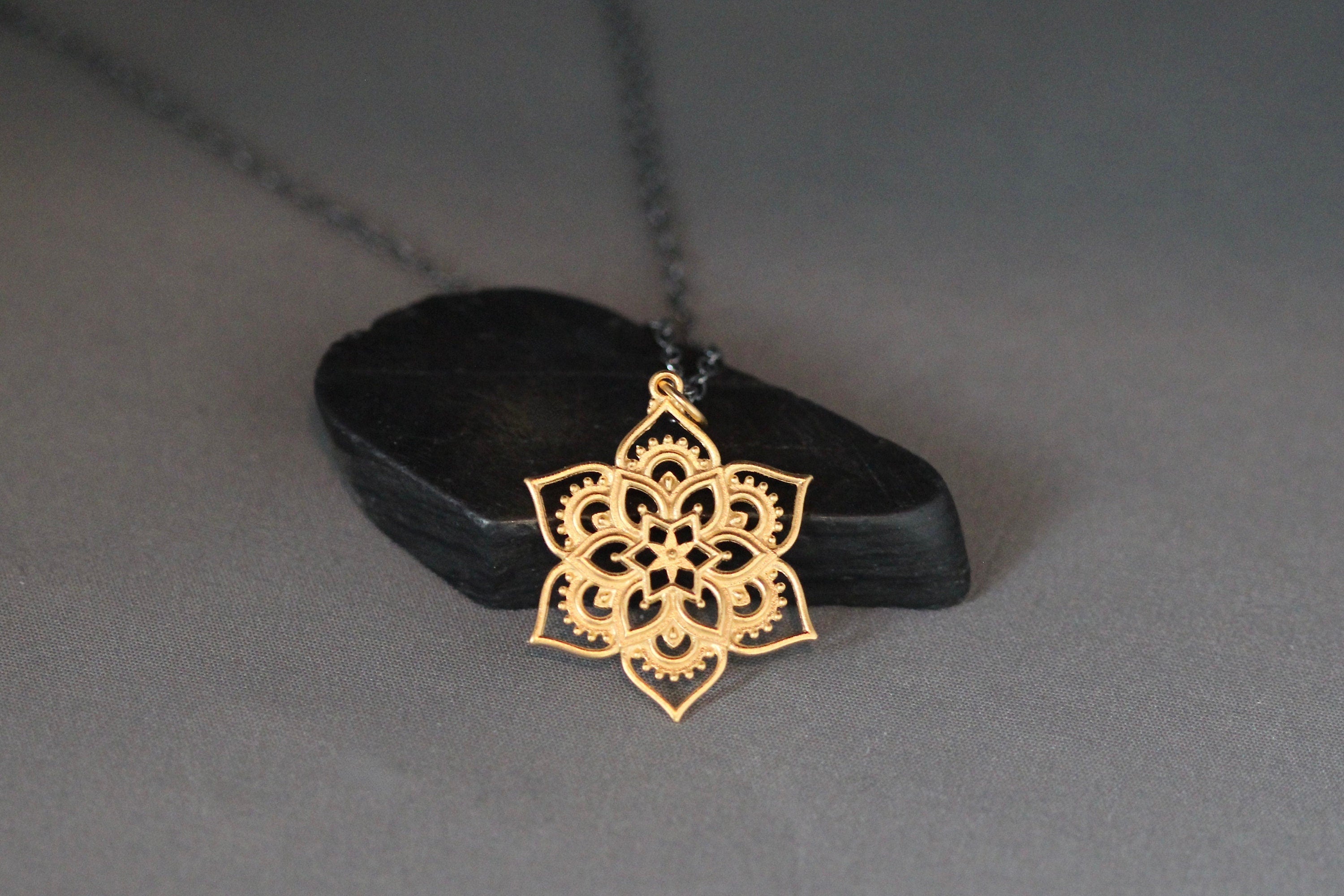 Matte Gold Vermeil Mandala Flower Pendant Necklace on a Blackened Silver Chain