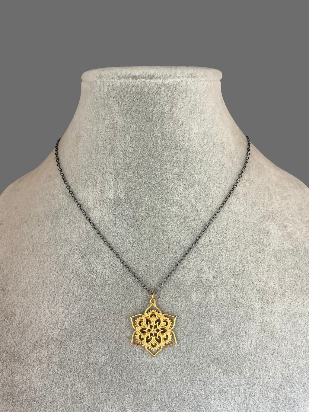Matte Gold Vermeil Mandala Flower Pendant Necklace on a Blackened Silver Chain