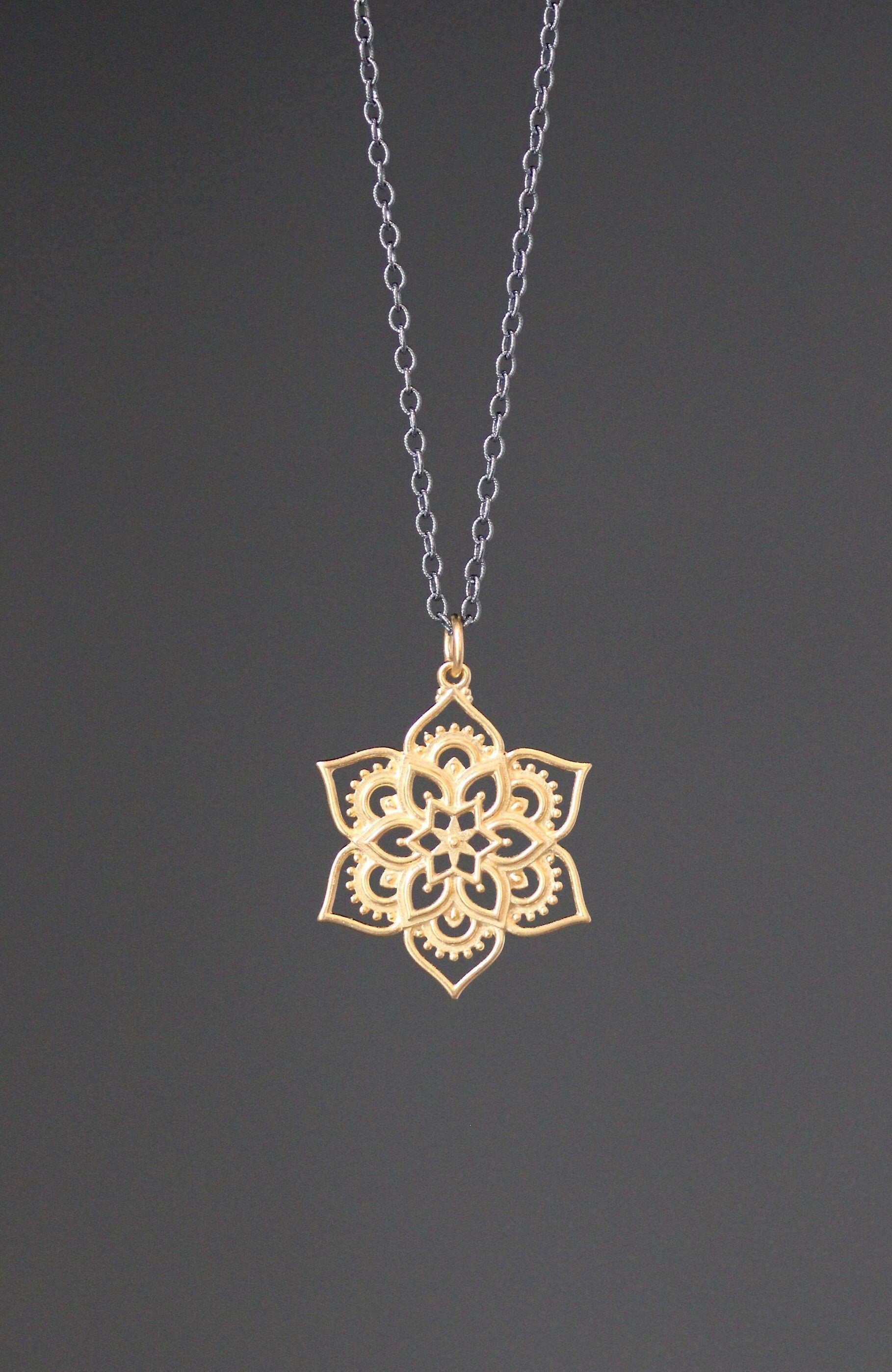 Matte Gold Vermeil Mandala Flower Pendant Necklace on a Blackened Silver Chain
