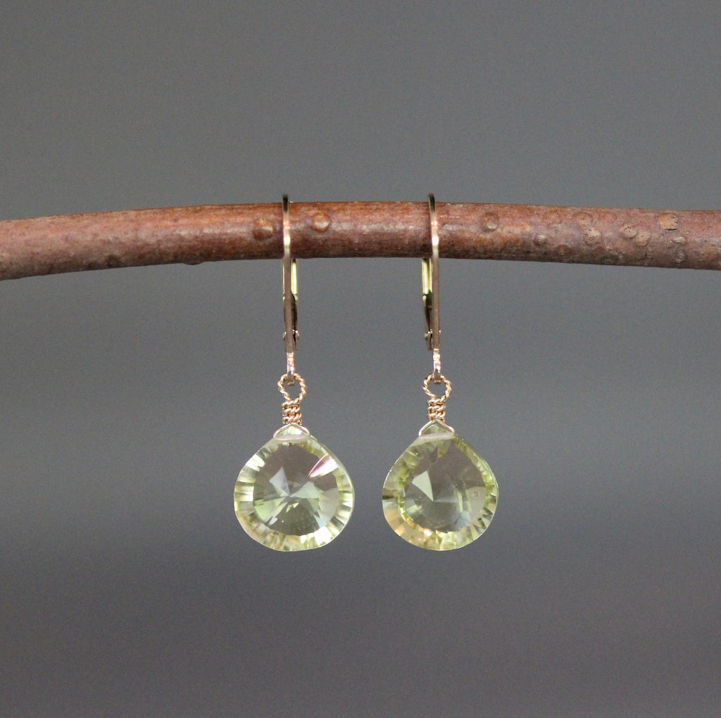 Lemon Quartz Diamond-Cut Teardrop Gold Filled Leverback Dangle Earrings