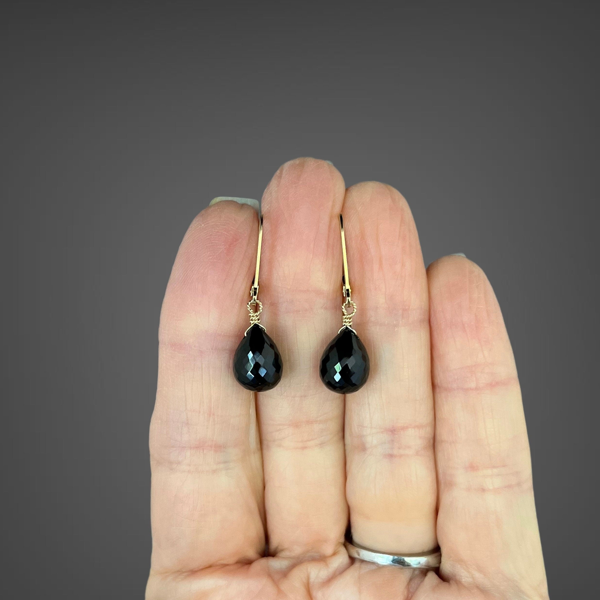 Black Spinel Teardrop Dangle Earrings on Gold Filled Leverbacks