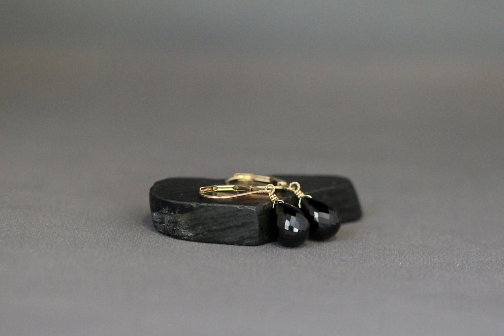 Black Spinel Teardrop Dangle Earrings on Gold Filled Leverbacks