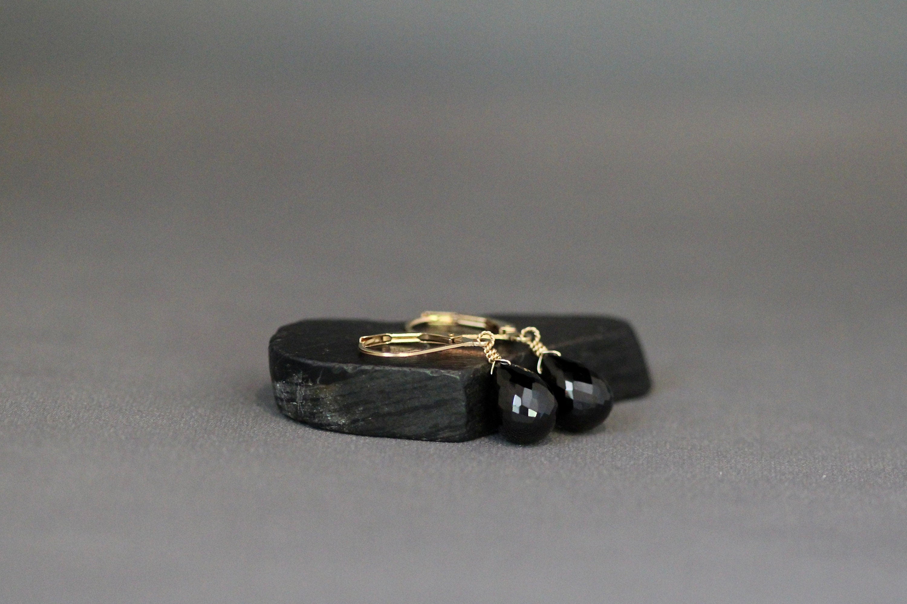 Black Spinel Teardrop Dangle Earrings on Gold Filled Leverbacks