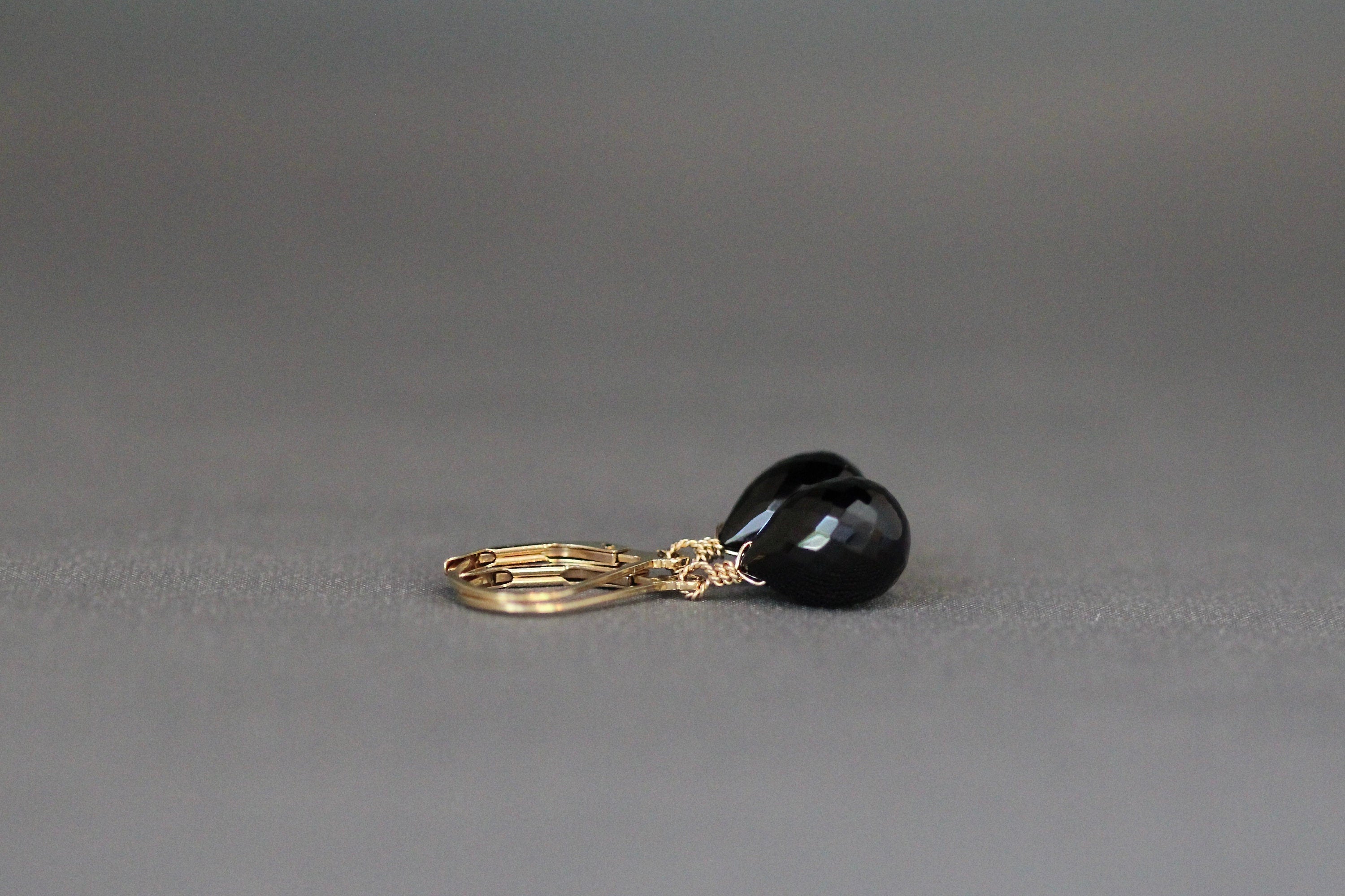 Black Spinel Teardrop Dangle Earrings on Gold Filled Leverbacks