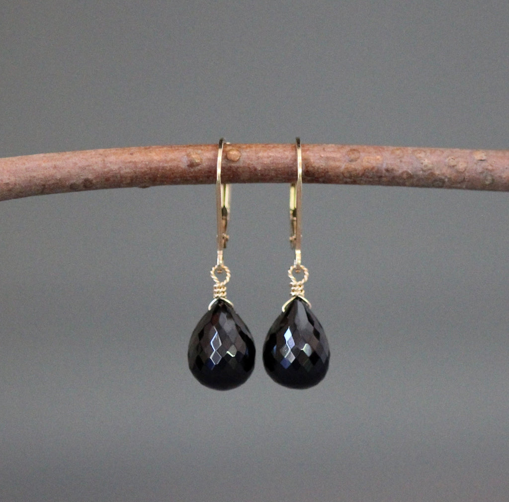 Black Spinel Teardrop Dangle Earrings on Gold Filled Leverbacks
