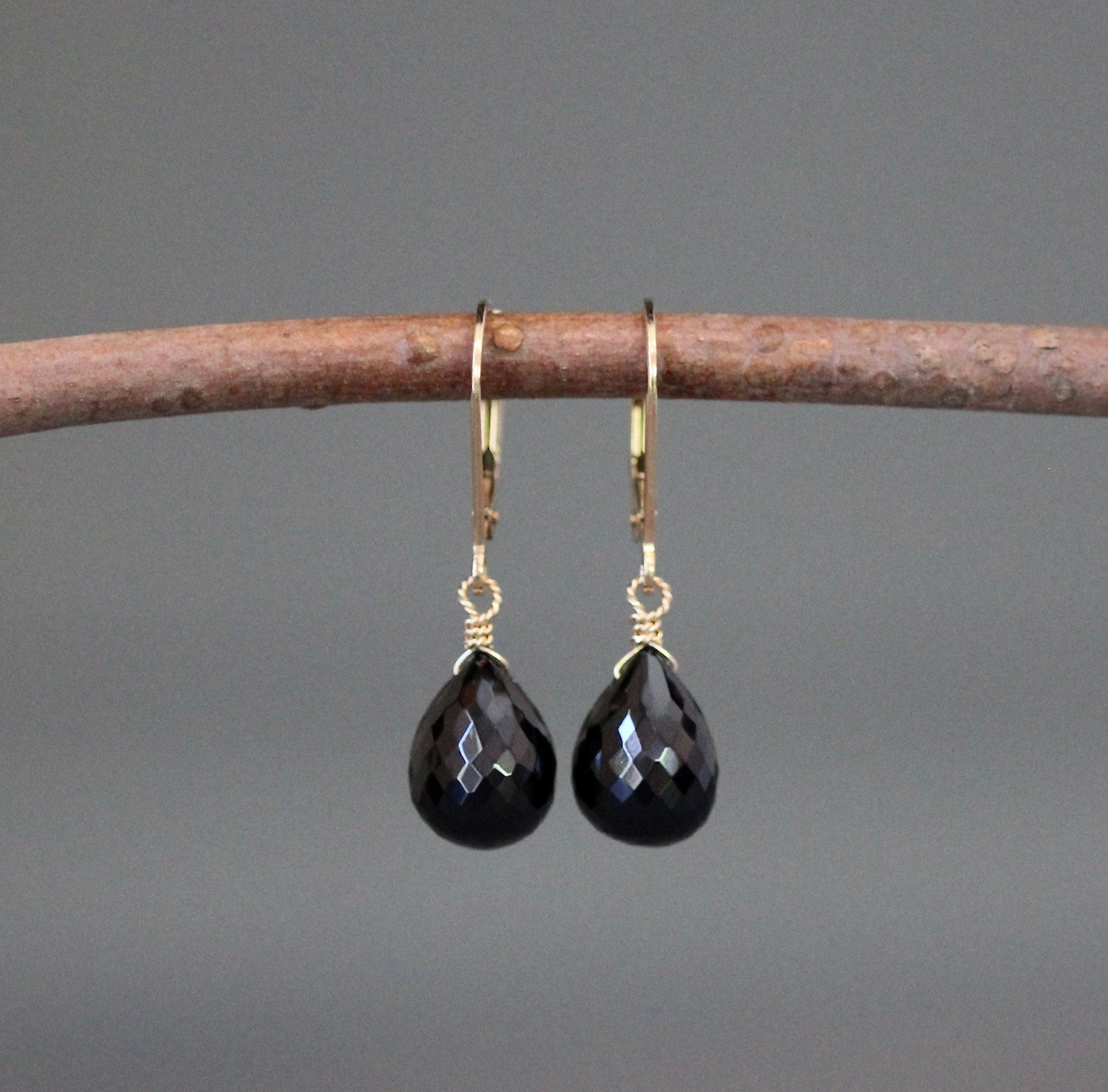 Black Spinel Teardrop Dangle Earrings on Gold Filled Leverbacks