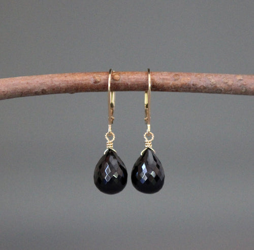 Black Spinel Teardrop Dangle Earrings on Gold Filled Leverbacks