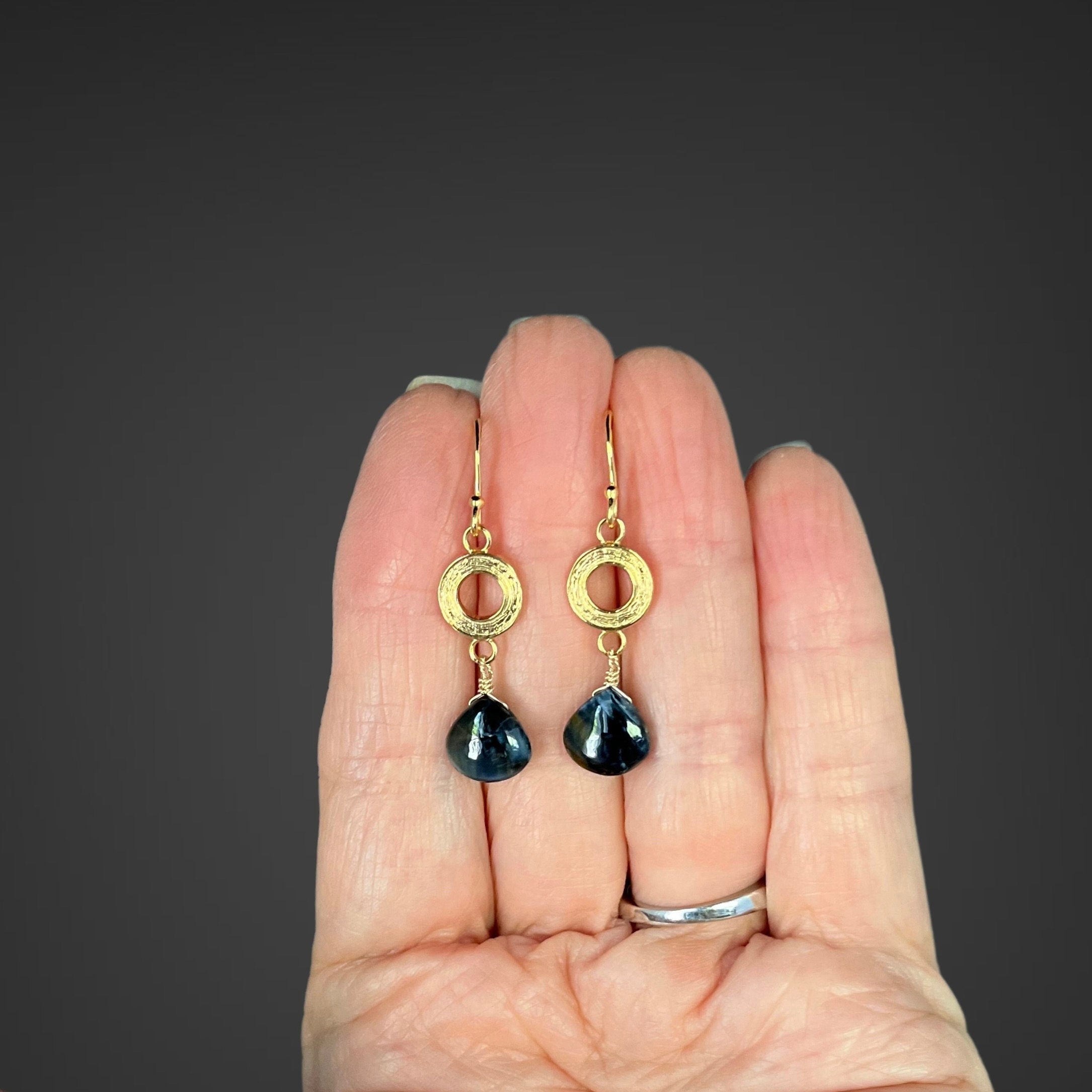 Blue Pietersite Teardrop and Brushed Gold Vermeil Circle Link Dangle Earrings