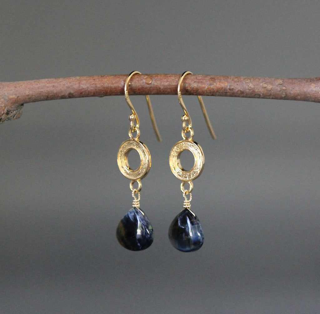Blue Pietersite Teardrop and Brushed Gold Vermeil Circle Link Dangle Earrings