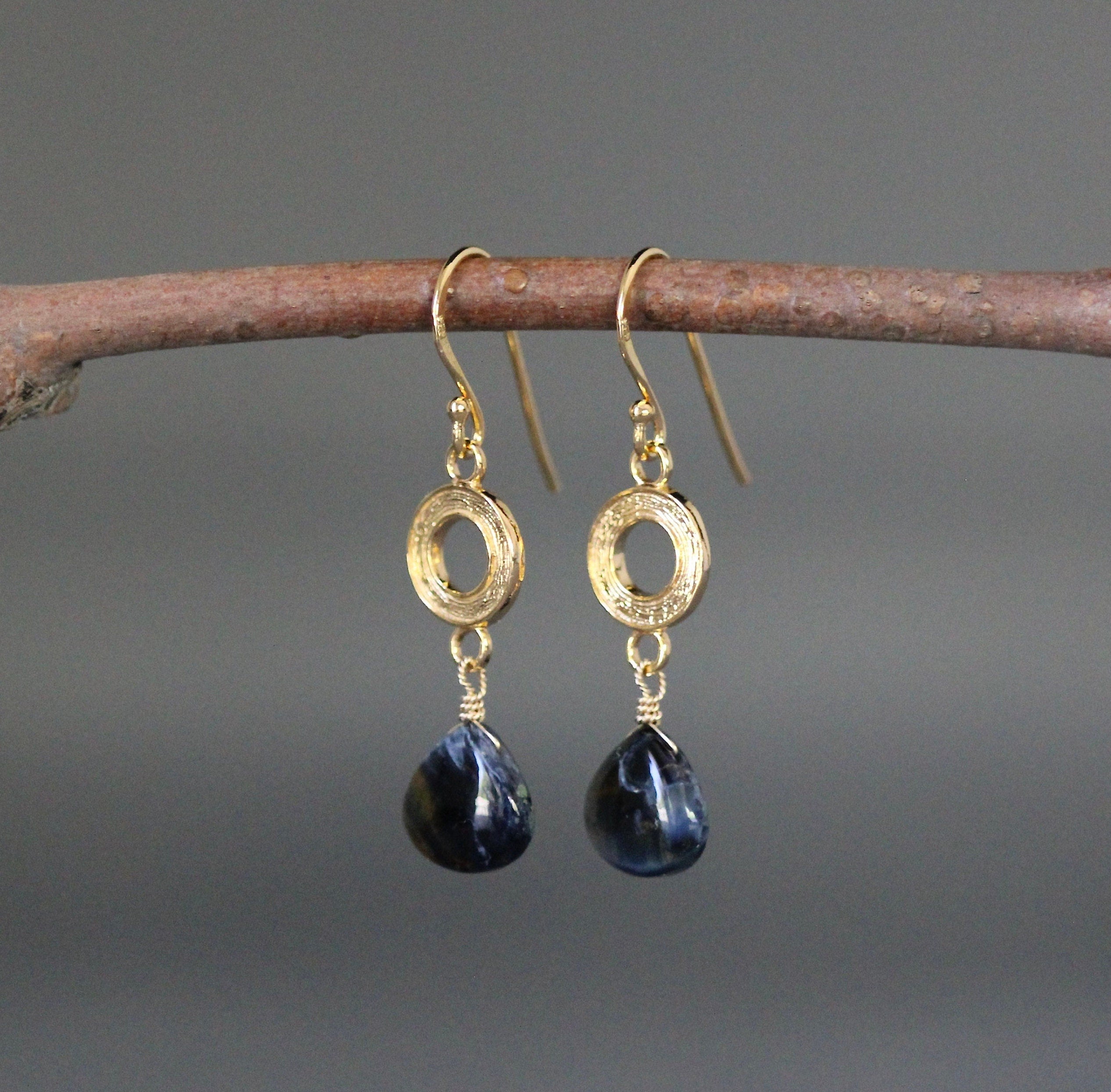 Blue Pietersite Teardrop and Brushed Gold Vermeil Circle Link Dangle Earrings
