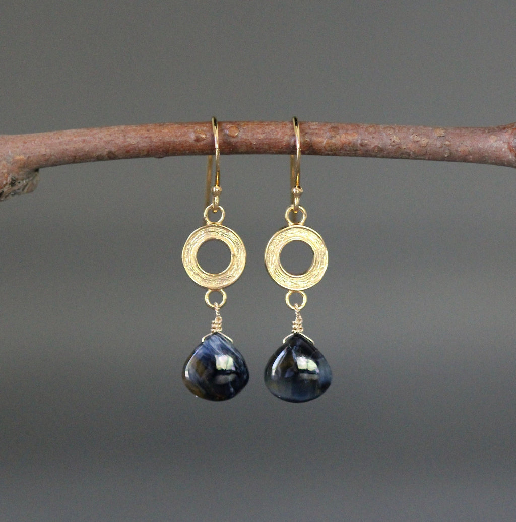 Blue Pietersite Teardrop and Brushed Gold Vermeil Circle Link Dangle Earrings