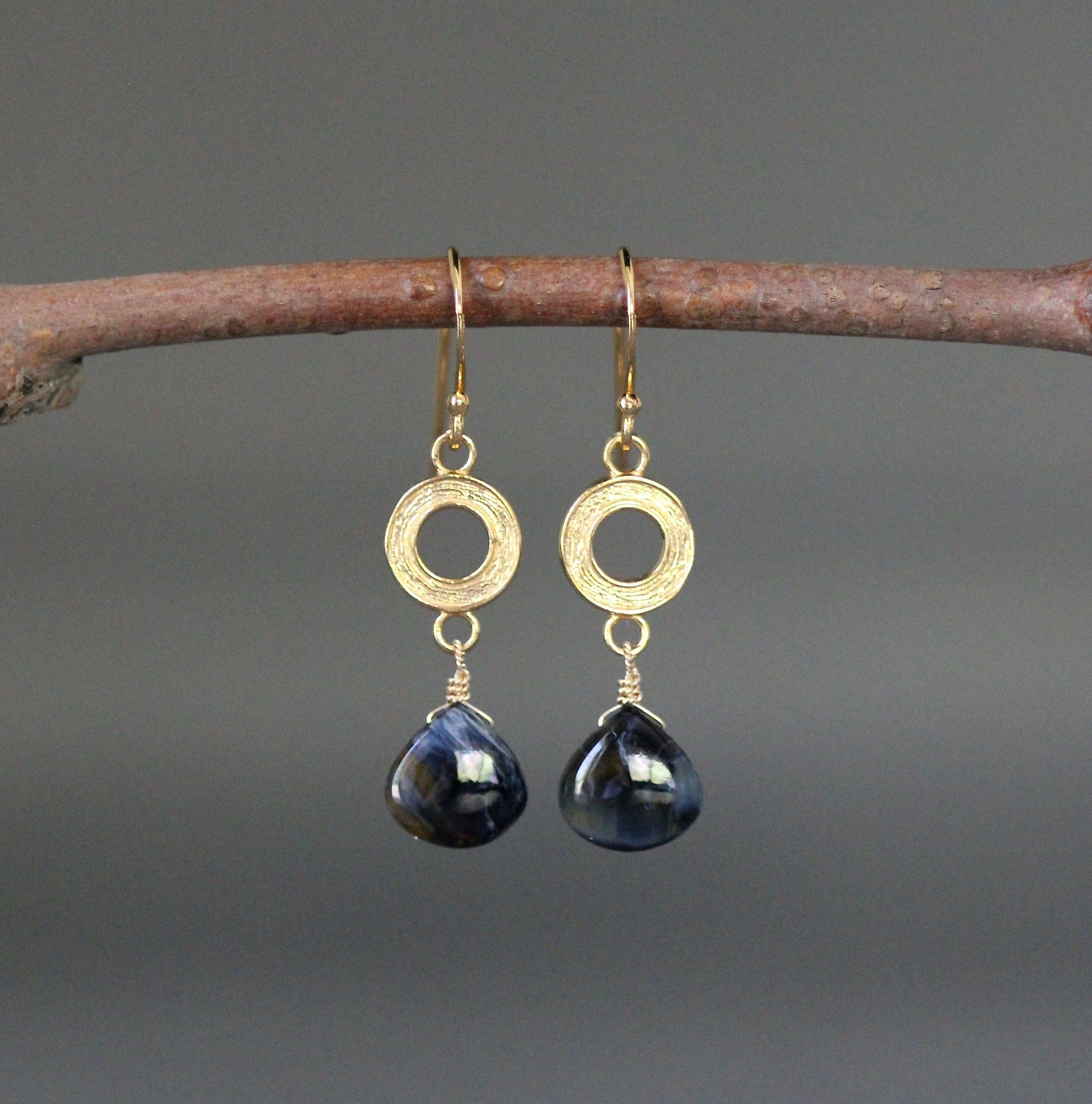 Blue Pietersite Teardrop and Brushed Gold Vermeil Circle Link Dangle Earrings