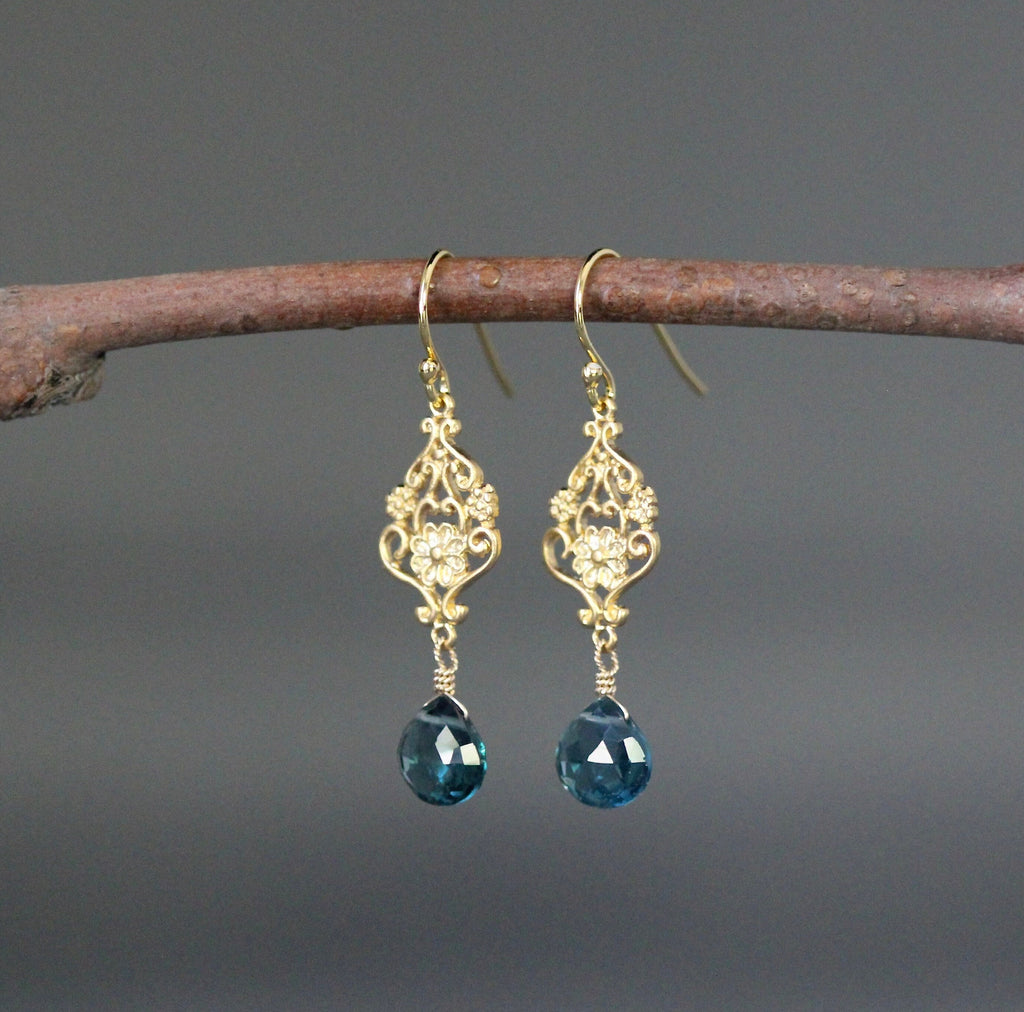 London Blue Topaz Quartz and Gold Earrings