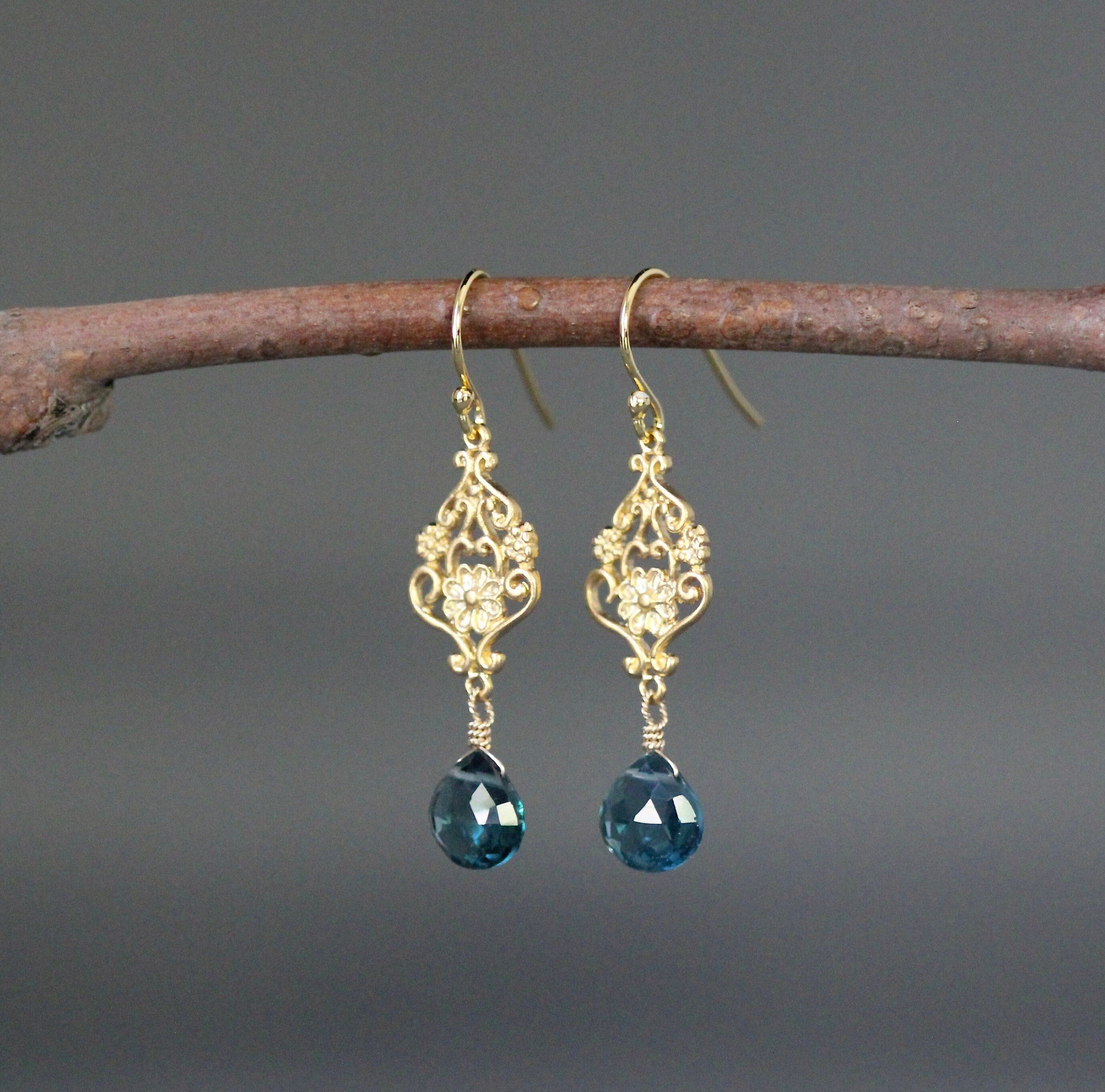 London Blue Topaz Quartz and Gold Earrings