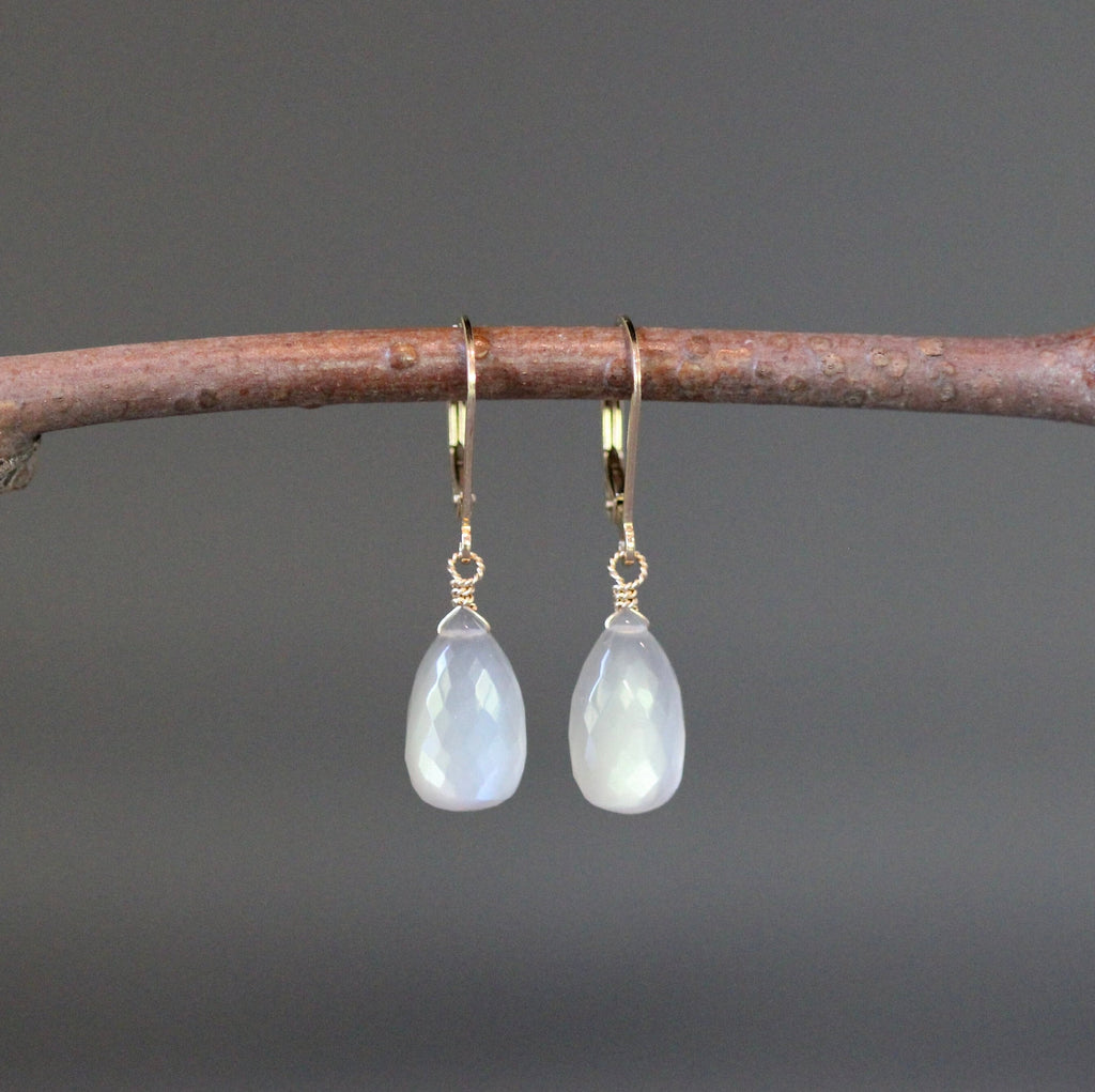 Gray Moonstone Teardrop Earrings on Gold Filled Leverbacks