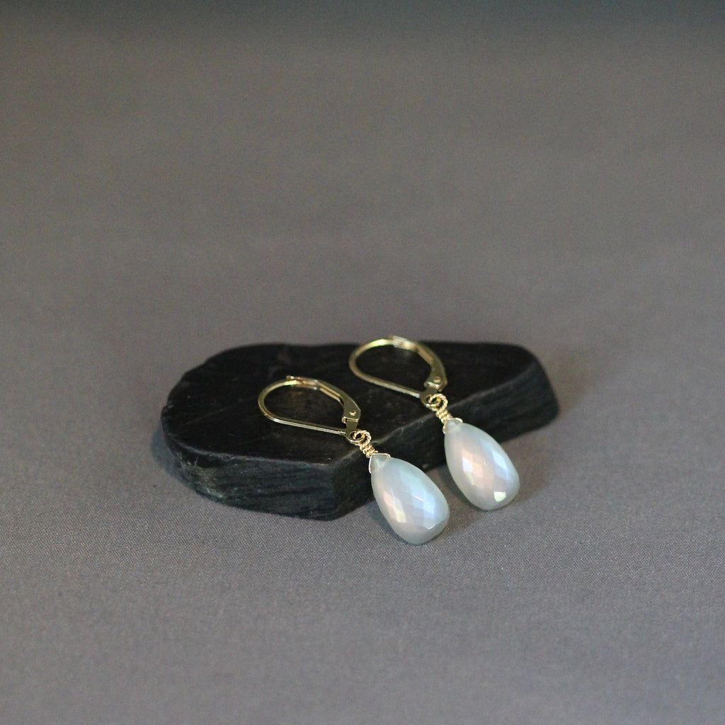 Gray Moonstone Teardrop Earrings on Gold Filled Leverbacks