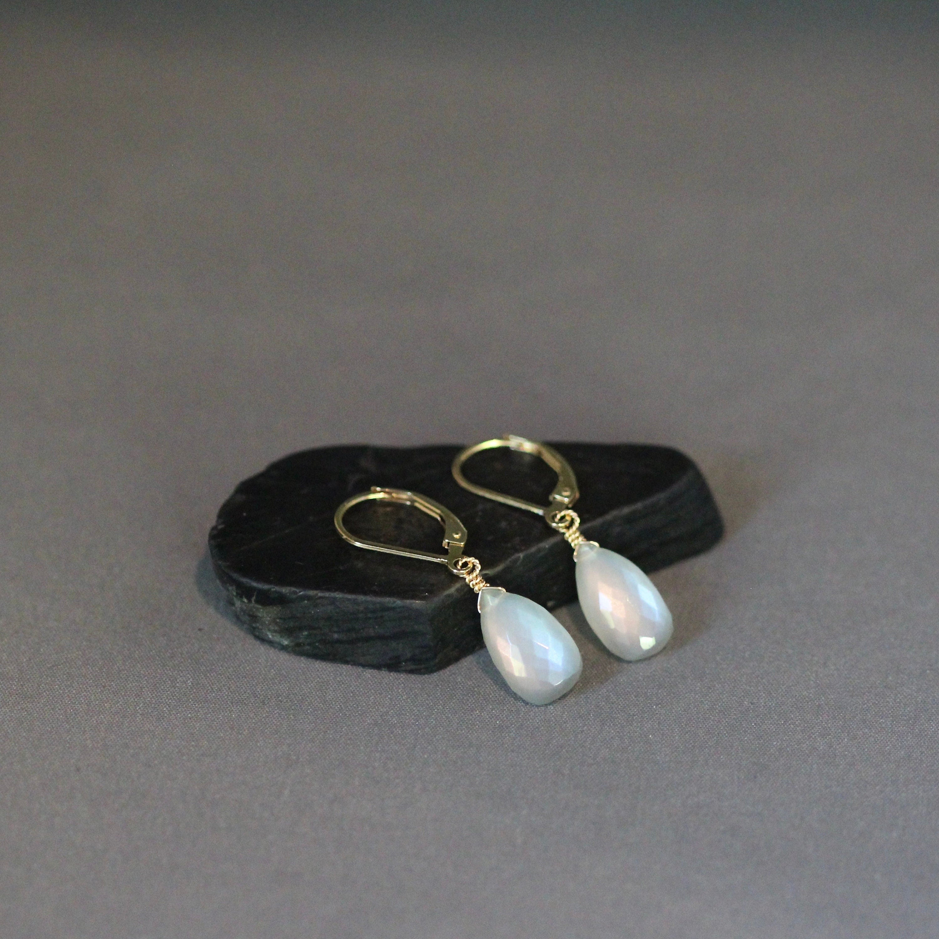 Gray Moonstone Teardrop Earrings on Gold Filled Leverbacks