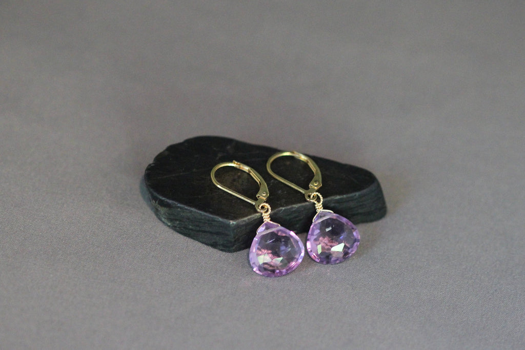 Amethyst Quartz Teardrop Gold Filled Leverback Dangle Earrings