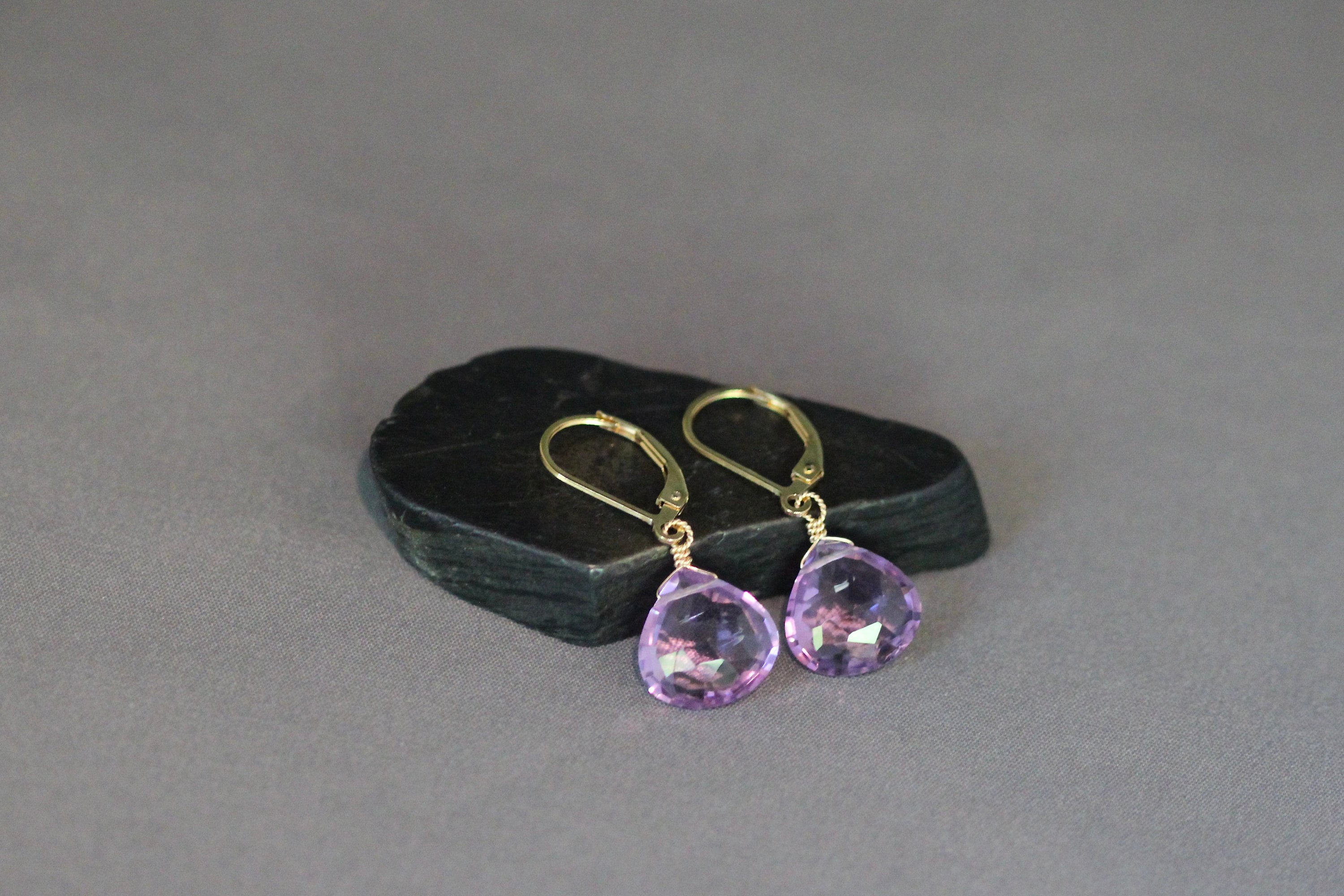 Amethyst Quartz Teardrop Gold Filled Leverback Dangle Earrings