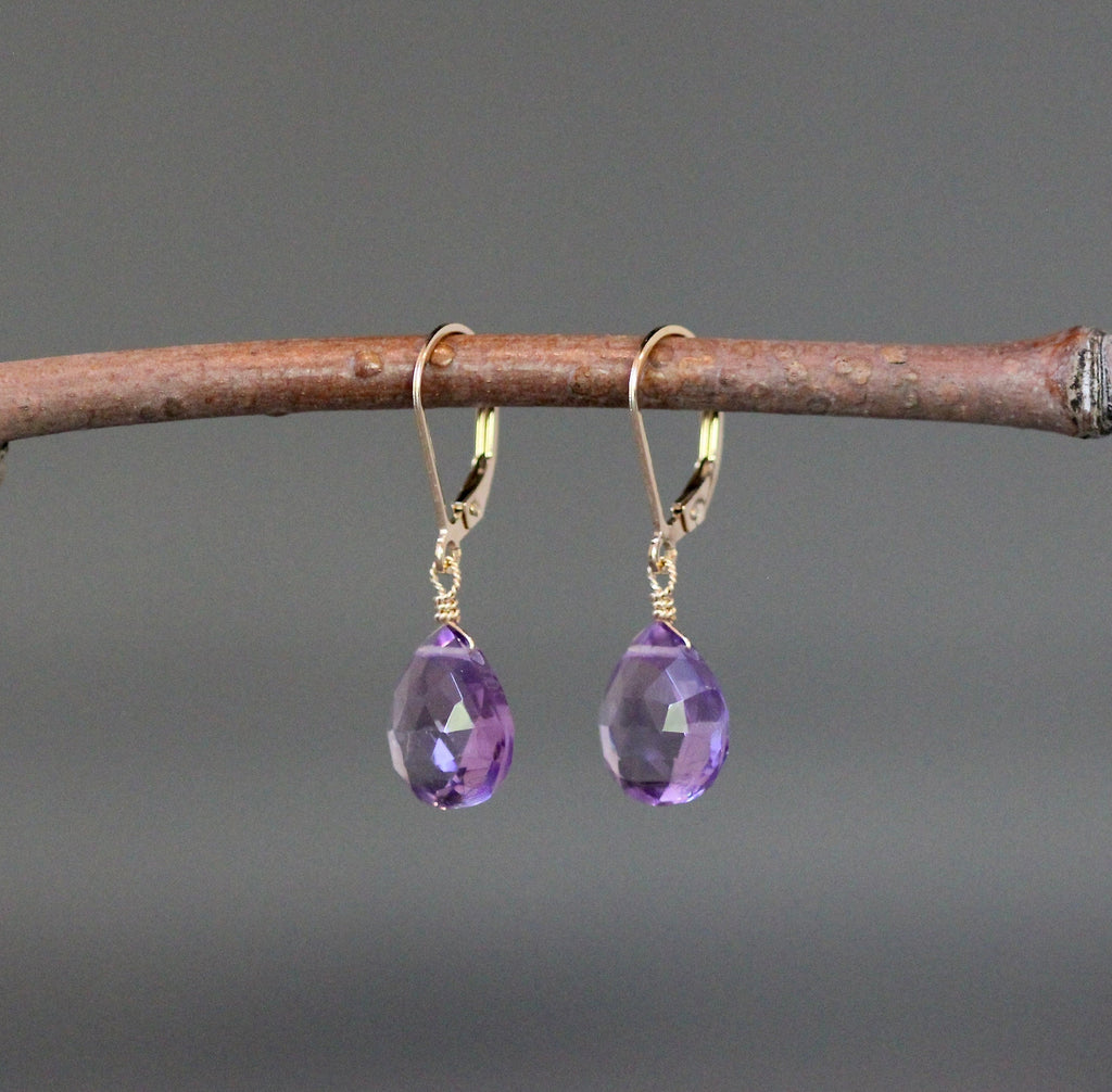Amethyst Quartz Teardrop Gold Filled Leverback Dangle Earrings