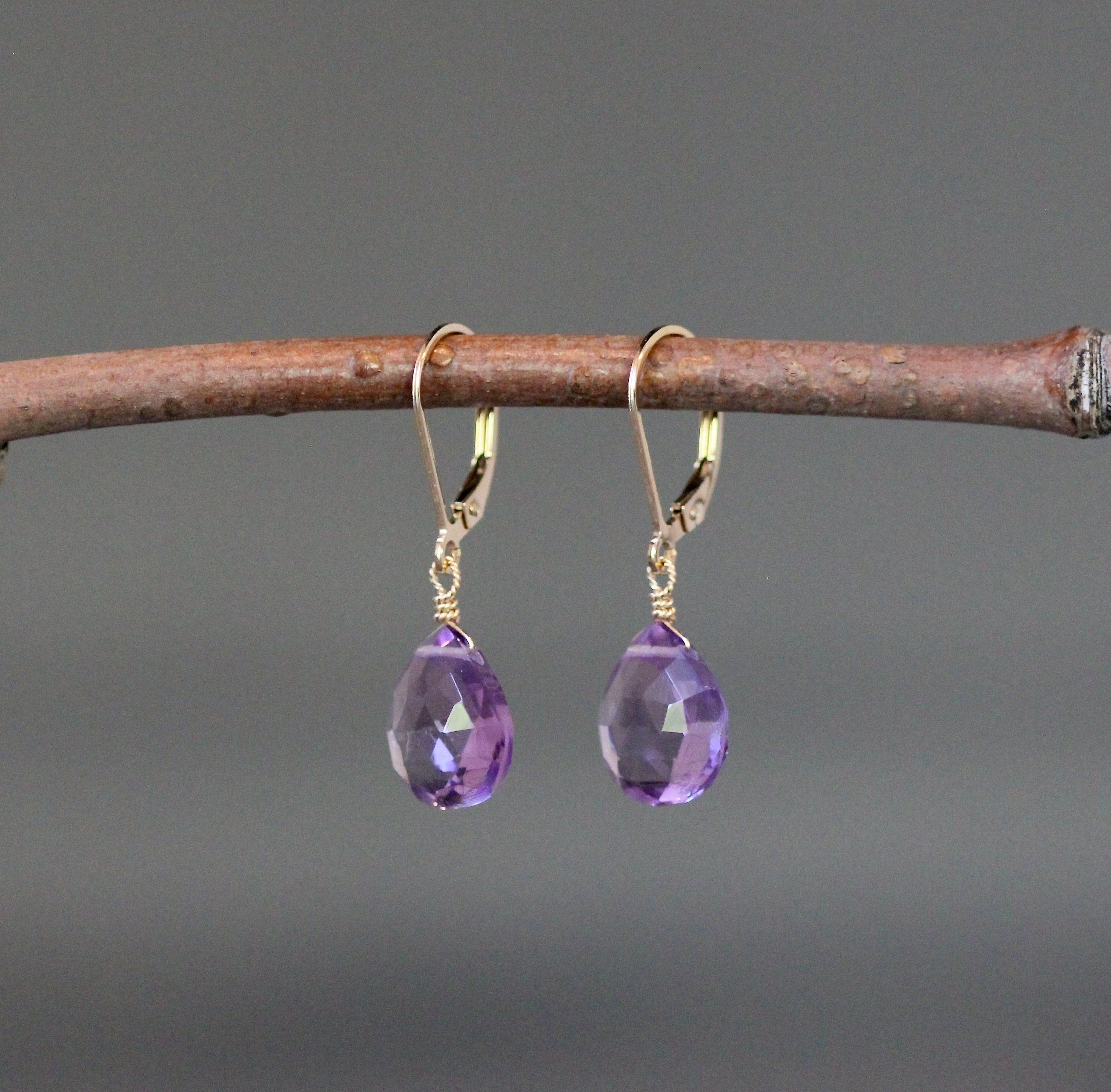 Amethyst Quartz Teardrop Gold Filled Leverback Dangle Earrings