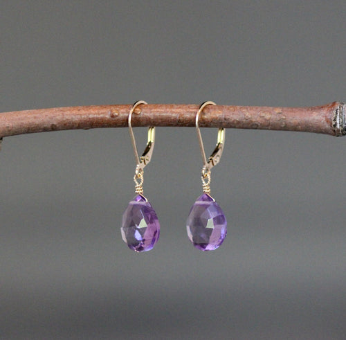 Amethyst Quartz Teardrop Gold Filled Leverback Dangle Earrings