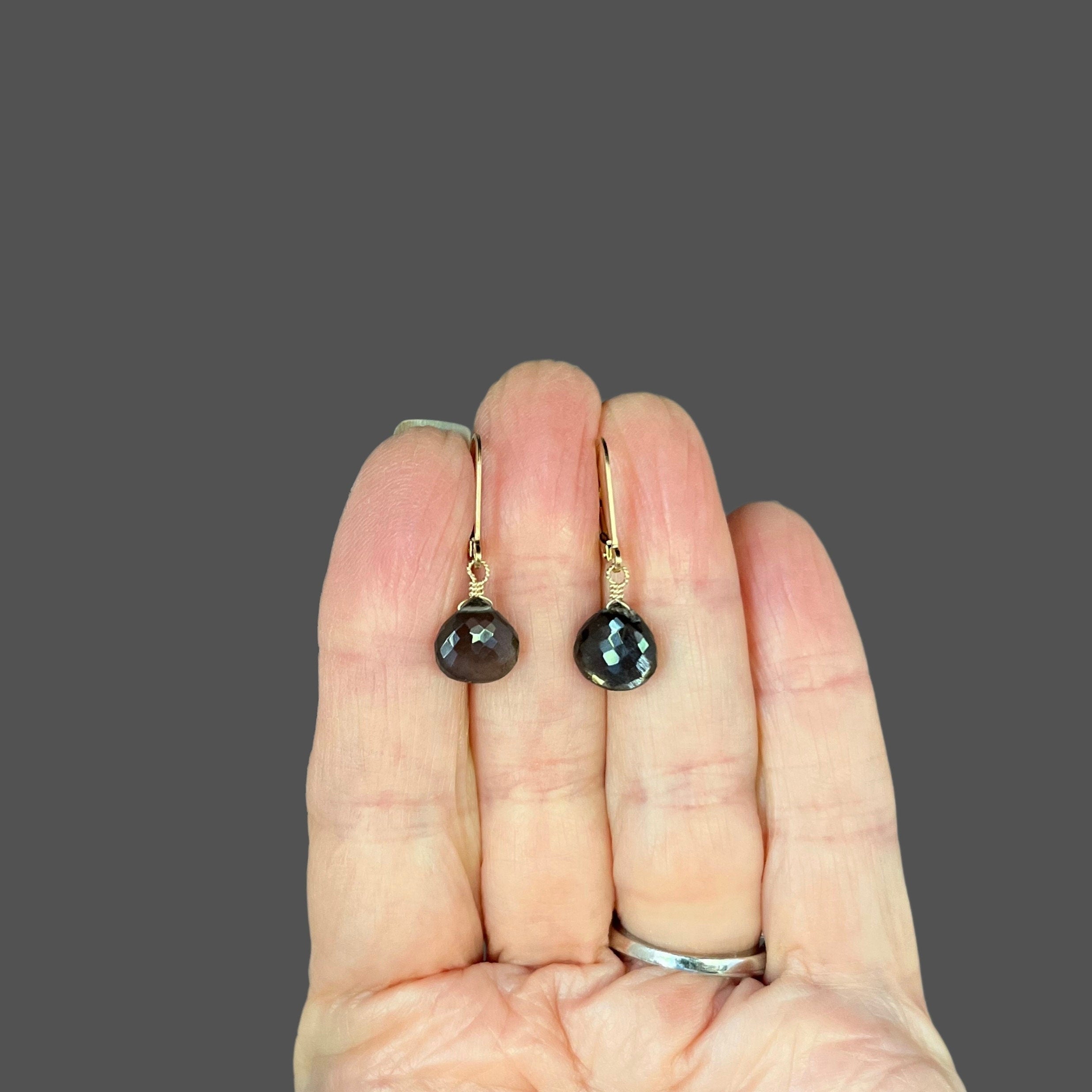 Black Moonstone Teardrop Dangle Earrings on Gold Filled Leverbacks
