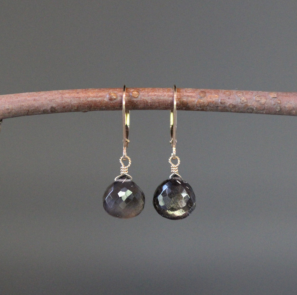 Black Moonstone Teardrop Dangle Earrings on Gold Filled Leverbacks