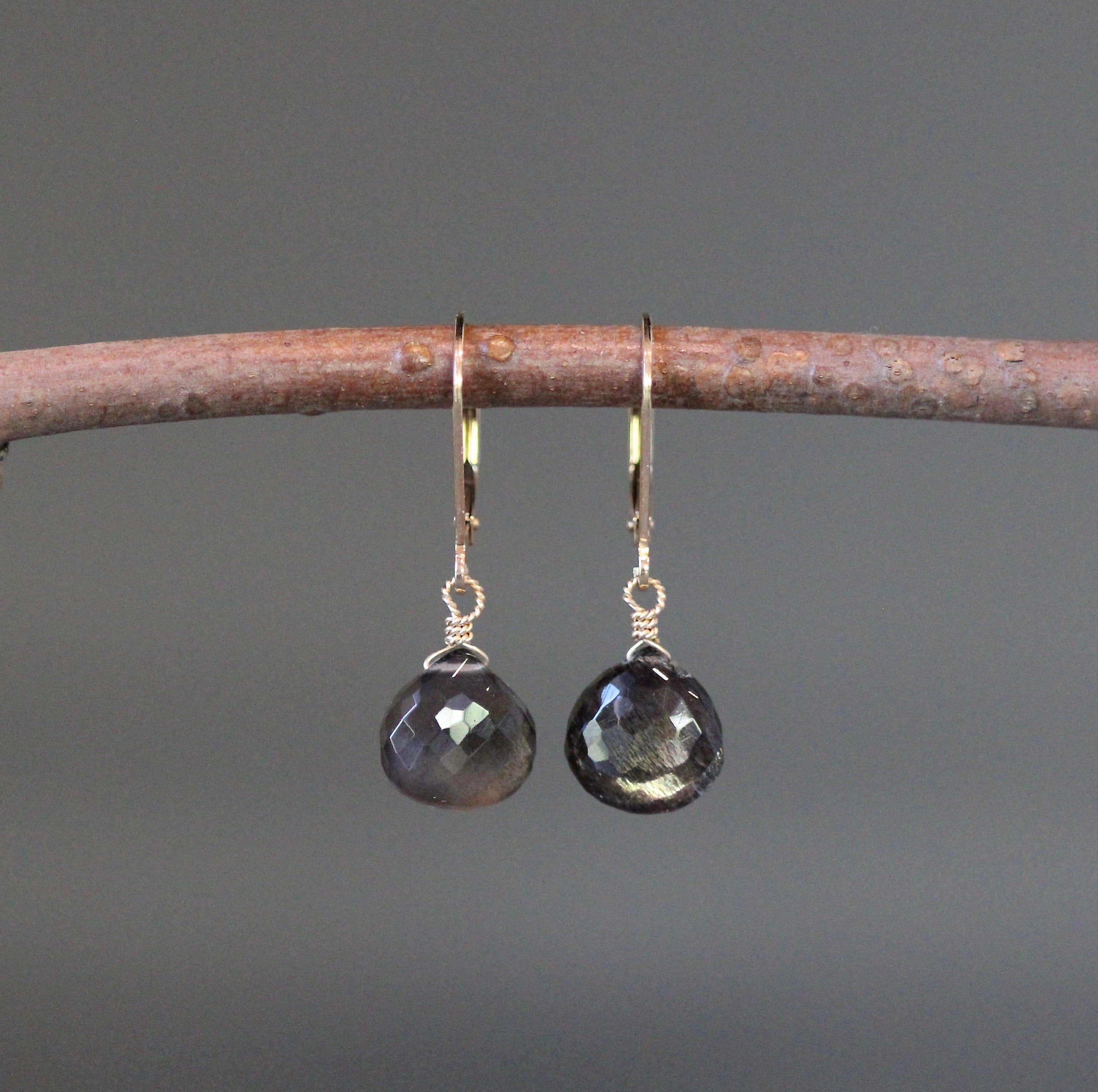 Black Moonstone Teardrop Dangle Earrings on Gold Filled Leverbacks