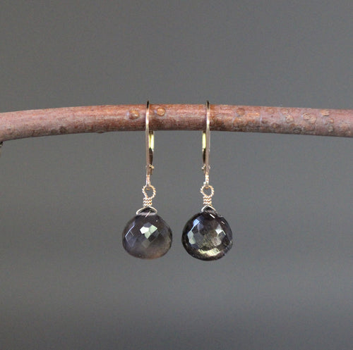 Black Moonstone Teardrop Dangle Earrings on Gold Filled Leverbacks