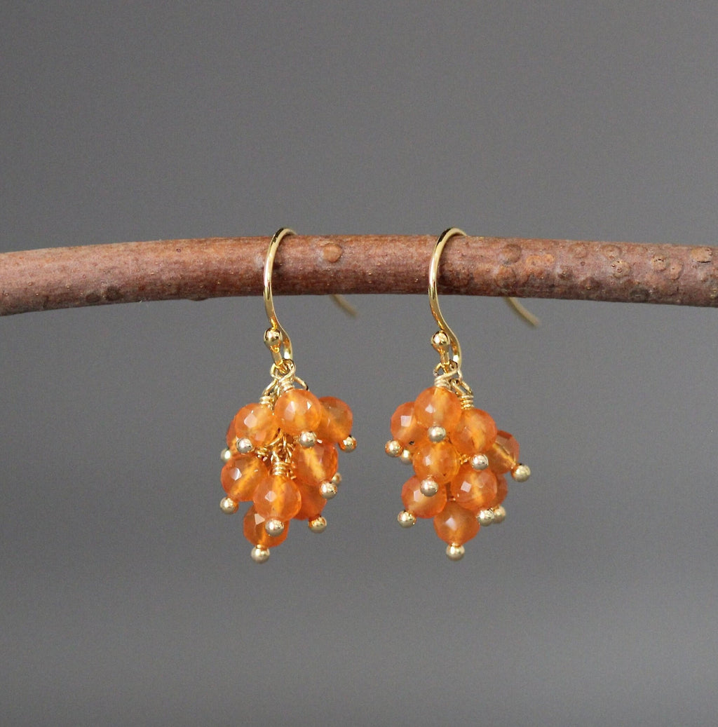Orange Carnelian Cluster Dangle Earrings in Gold Vermeil