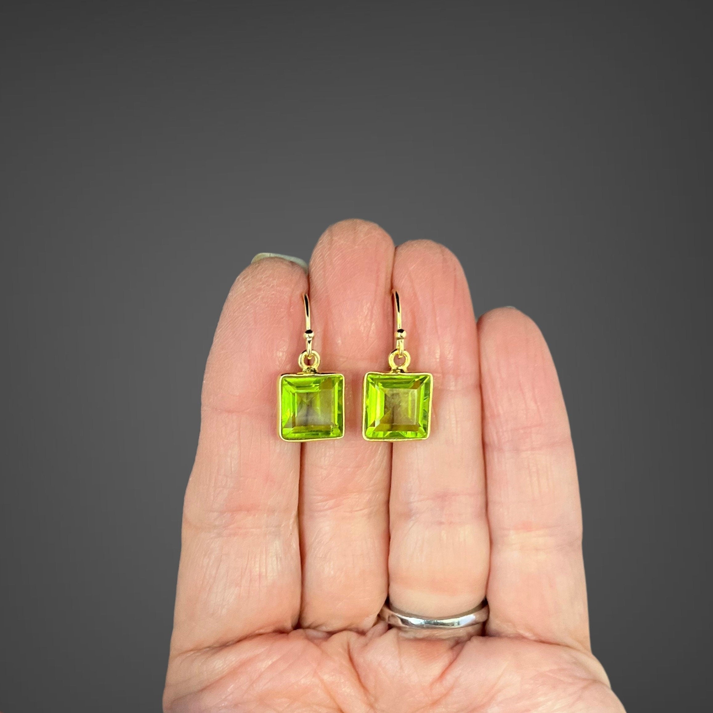 Lime Green Quartz Square Bezel Earrings in Gold Vermeil