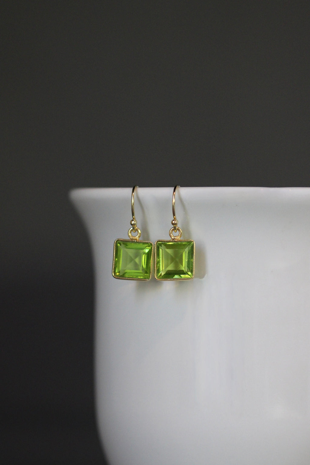 Lime Green Quartz Square Bezel Earrings in Gold Vermeil