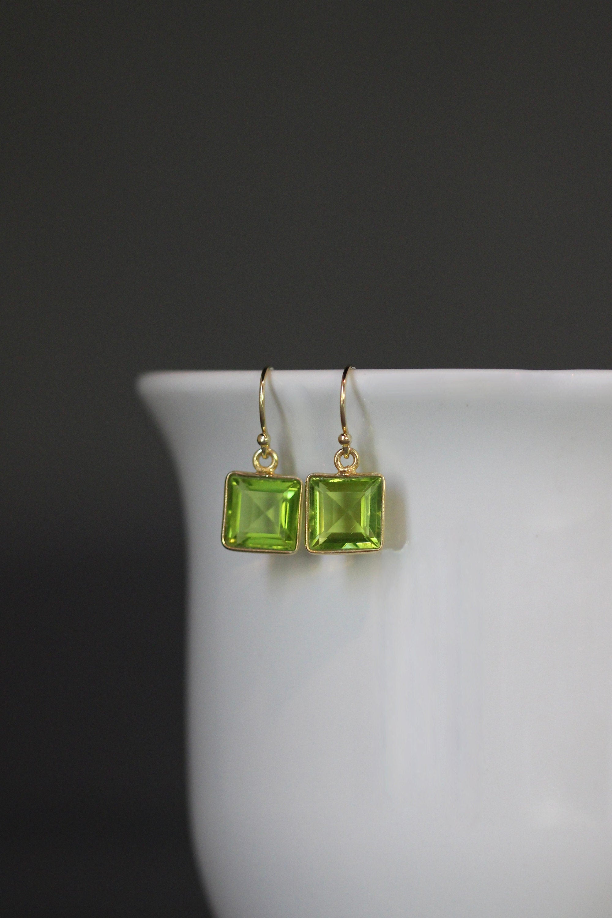 Lime Green Quartz Square Bezel Earrings in Gold Vermeil