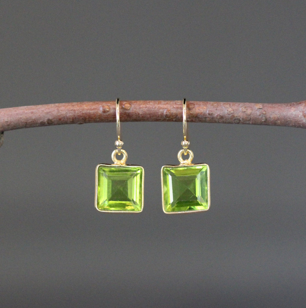 Lime Green Quartz Square Bezel Earrings in Gold Vermeil