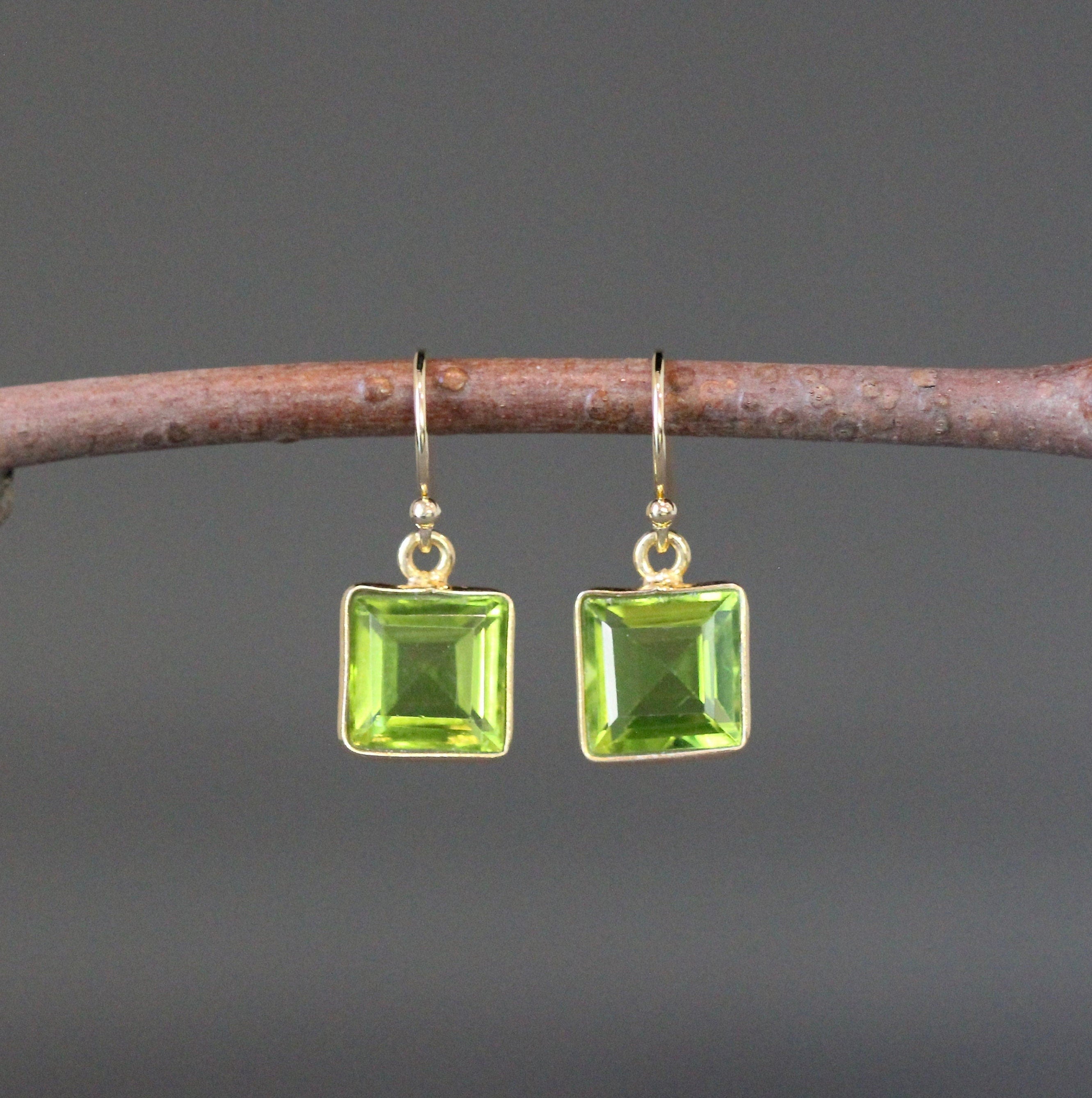 Lime Green Quartz Square Bezel Earrings in Gold Vermeil