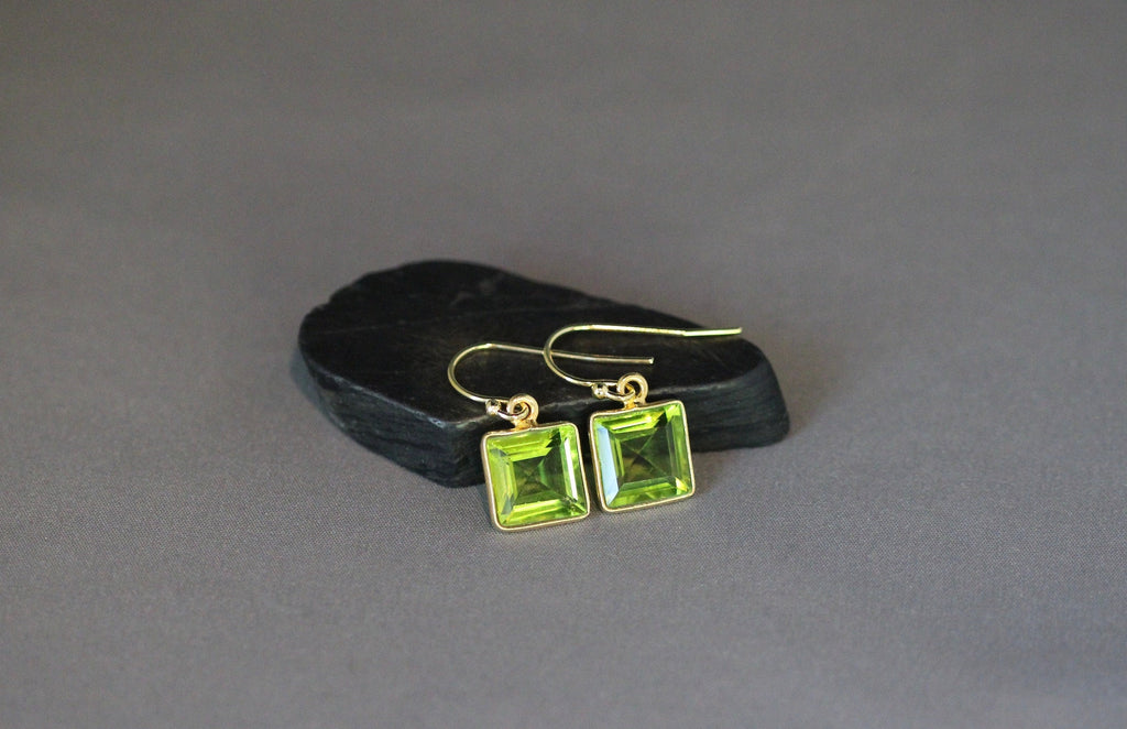 Lime Green Quartz Square Bezel Earrings in Gold Vermeil