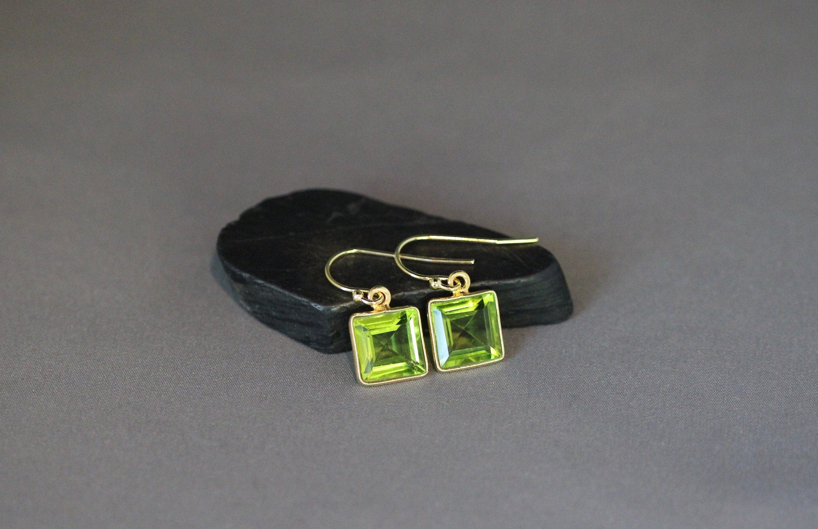 Lime Green Quartz Square Bezel Earrings in Gold Vermeil