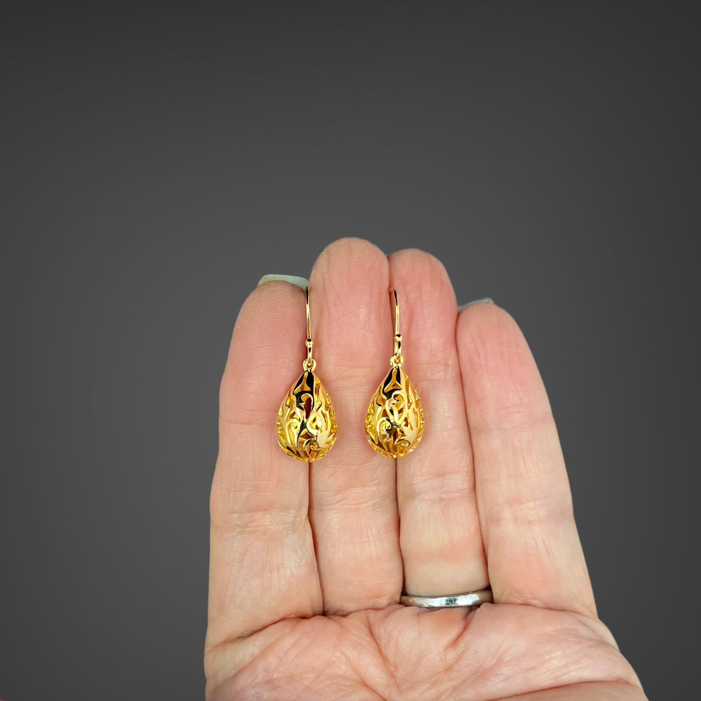 Gold Vermeil Filigree Teardrop Charm Dangle Earrings