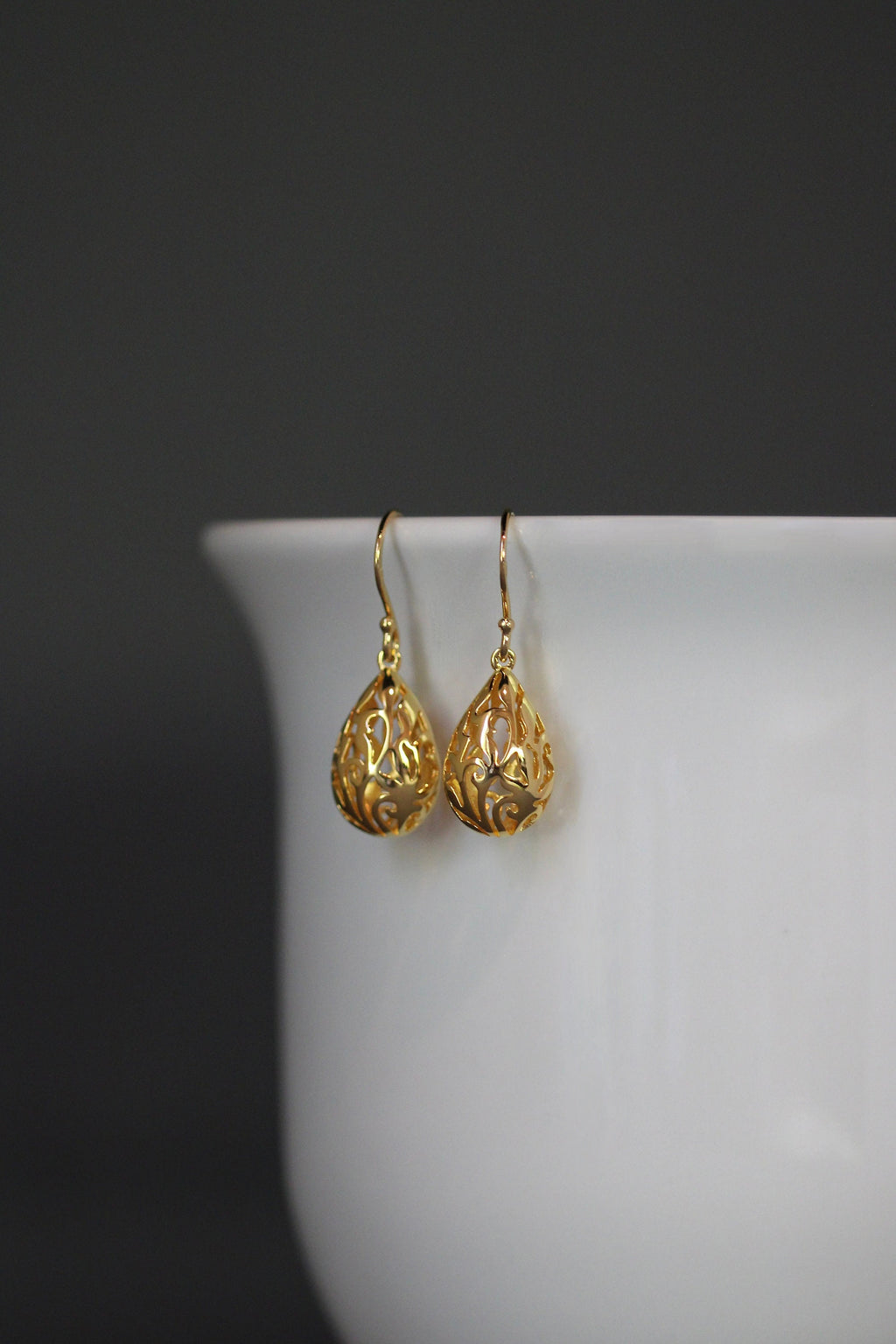 Gold Vermeil Filigree Teardrop Charm Dangle Earrings
