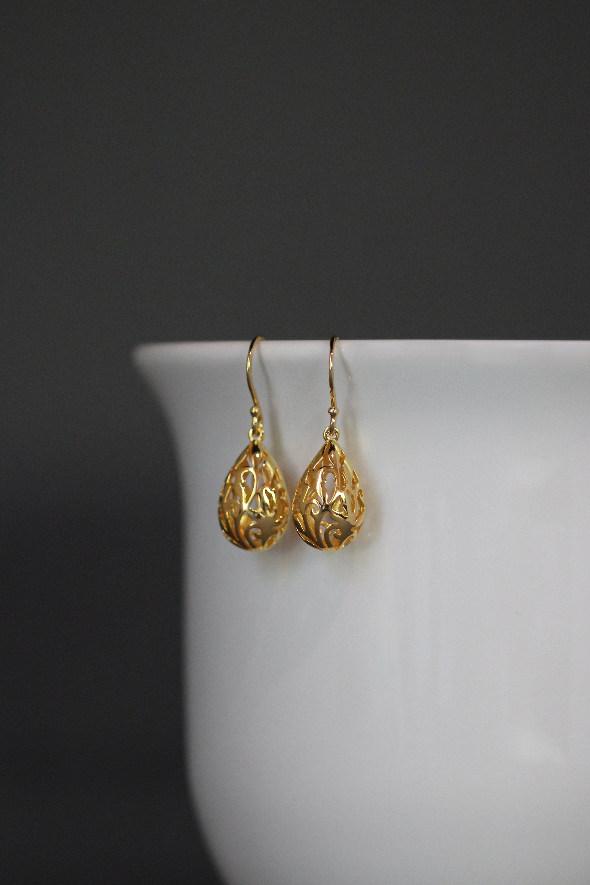 Gold Vermeil Filigree Teardrop Charm Dangle Earrings