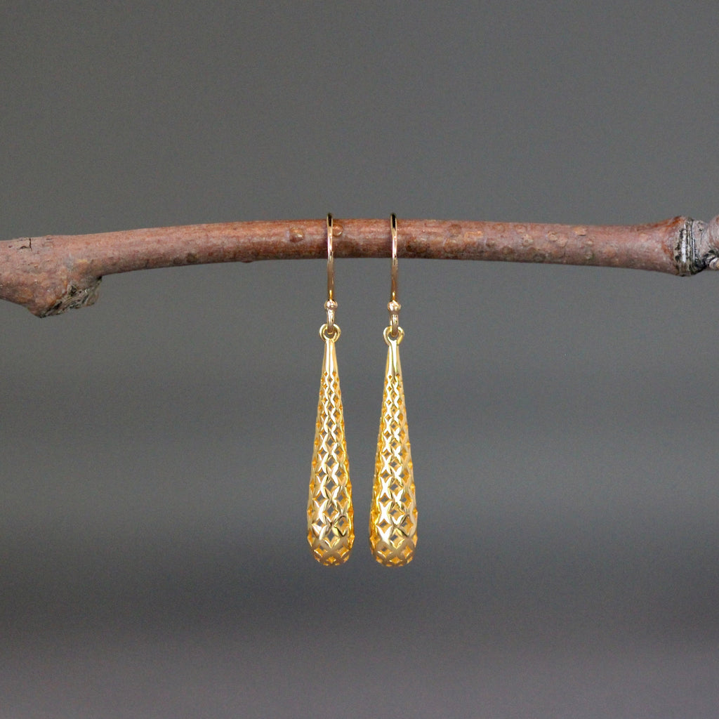 Long Shiny Gold Vermeil Filigree Teardrop Dangle Earrings