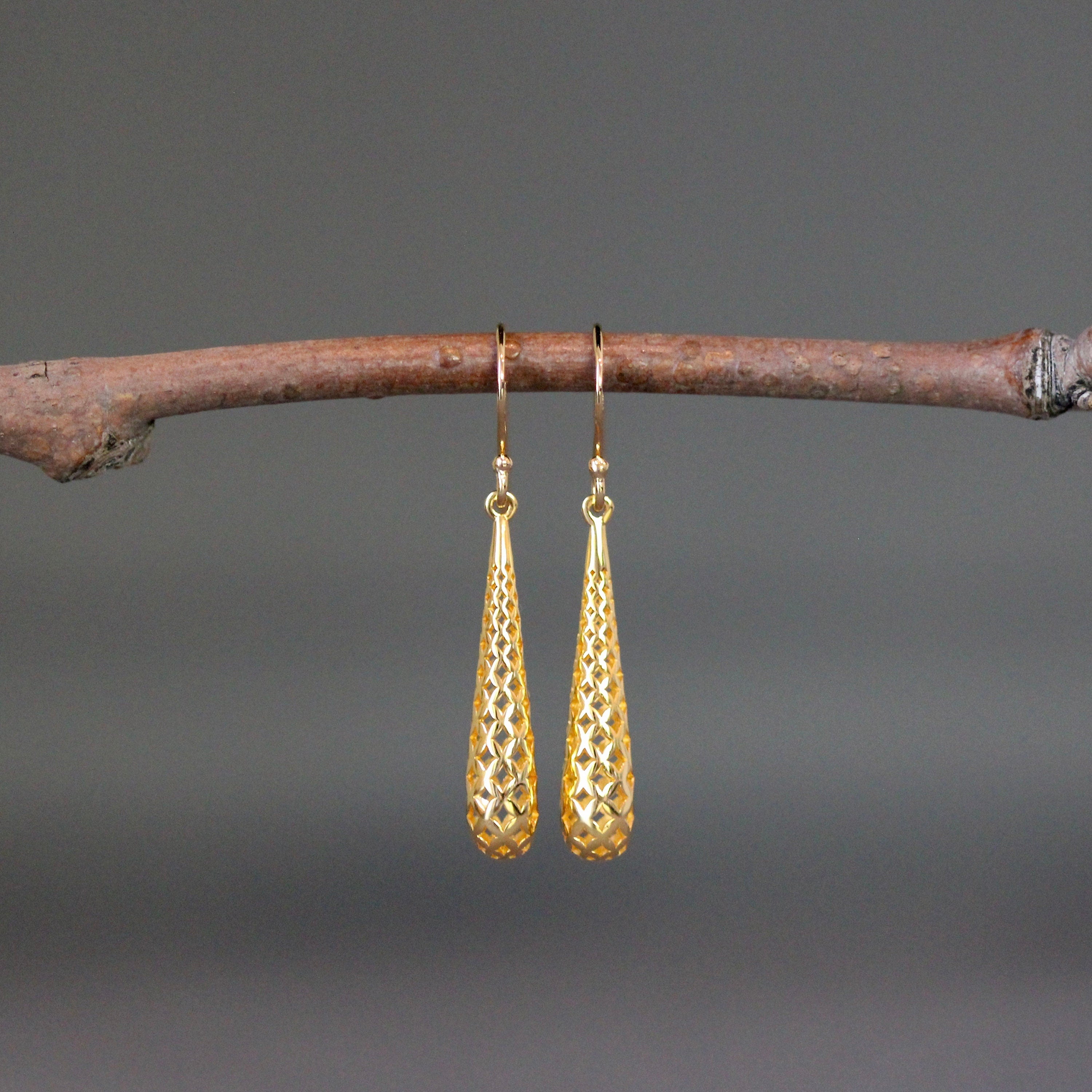 Long Shiny Gold Vermeil Filigree Teardrop Dangle Earrings