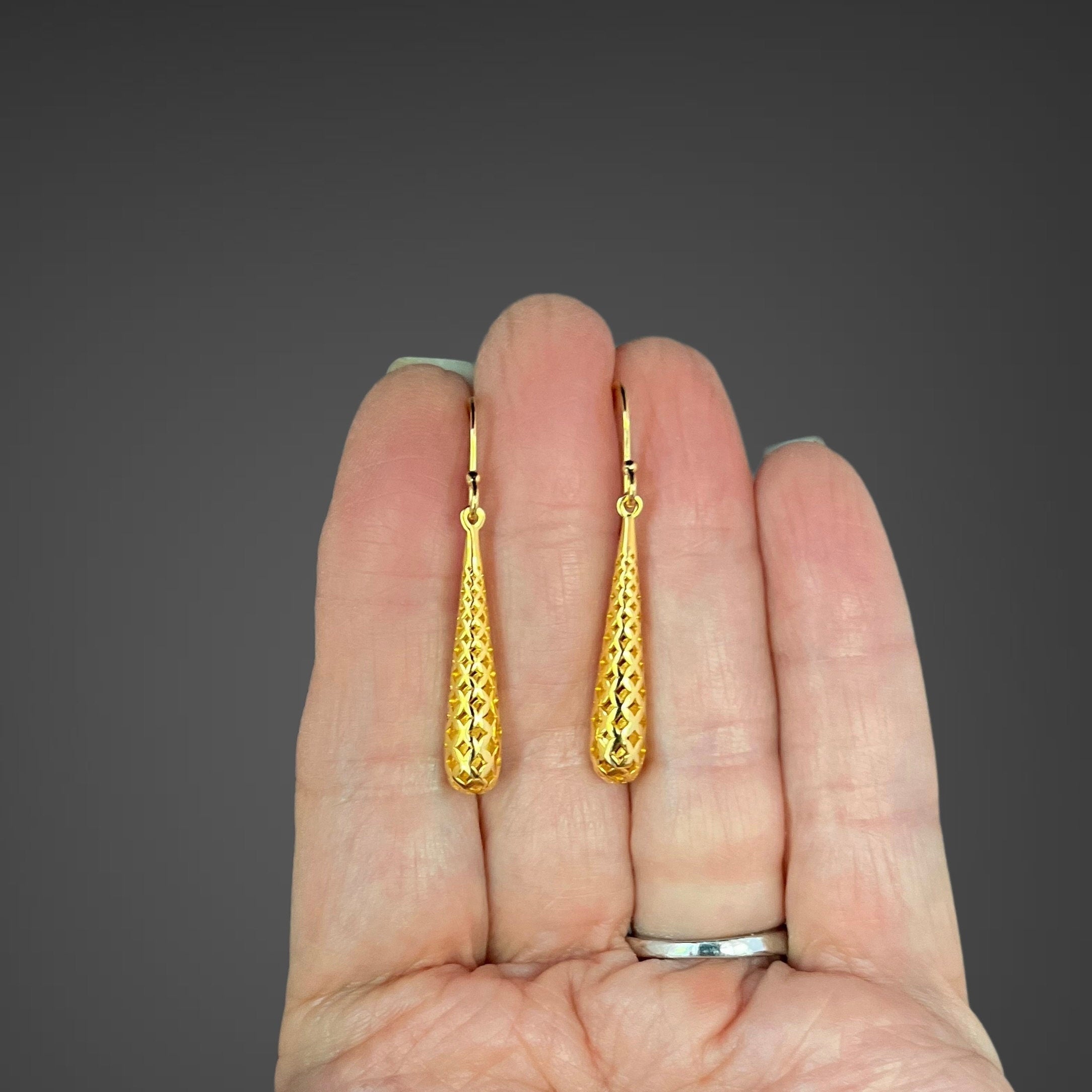 Long Shiny Gold Vermeil Filigree Teardrop Dangle Earrings