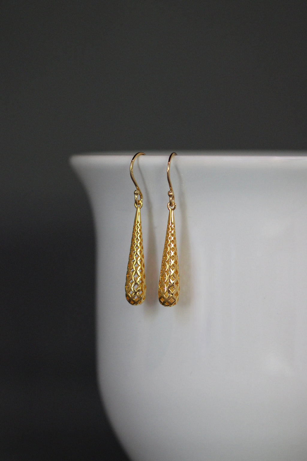 Long Shiny Gold Vermeil Filigree Teardrop Dangle Earrings
